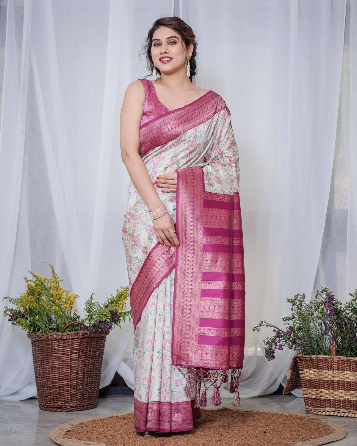 Ivory Banarasi Silk Saree with Pink Ikat Digital Print, Zari Border &