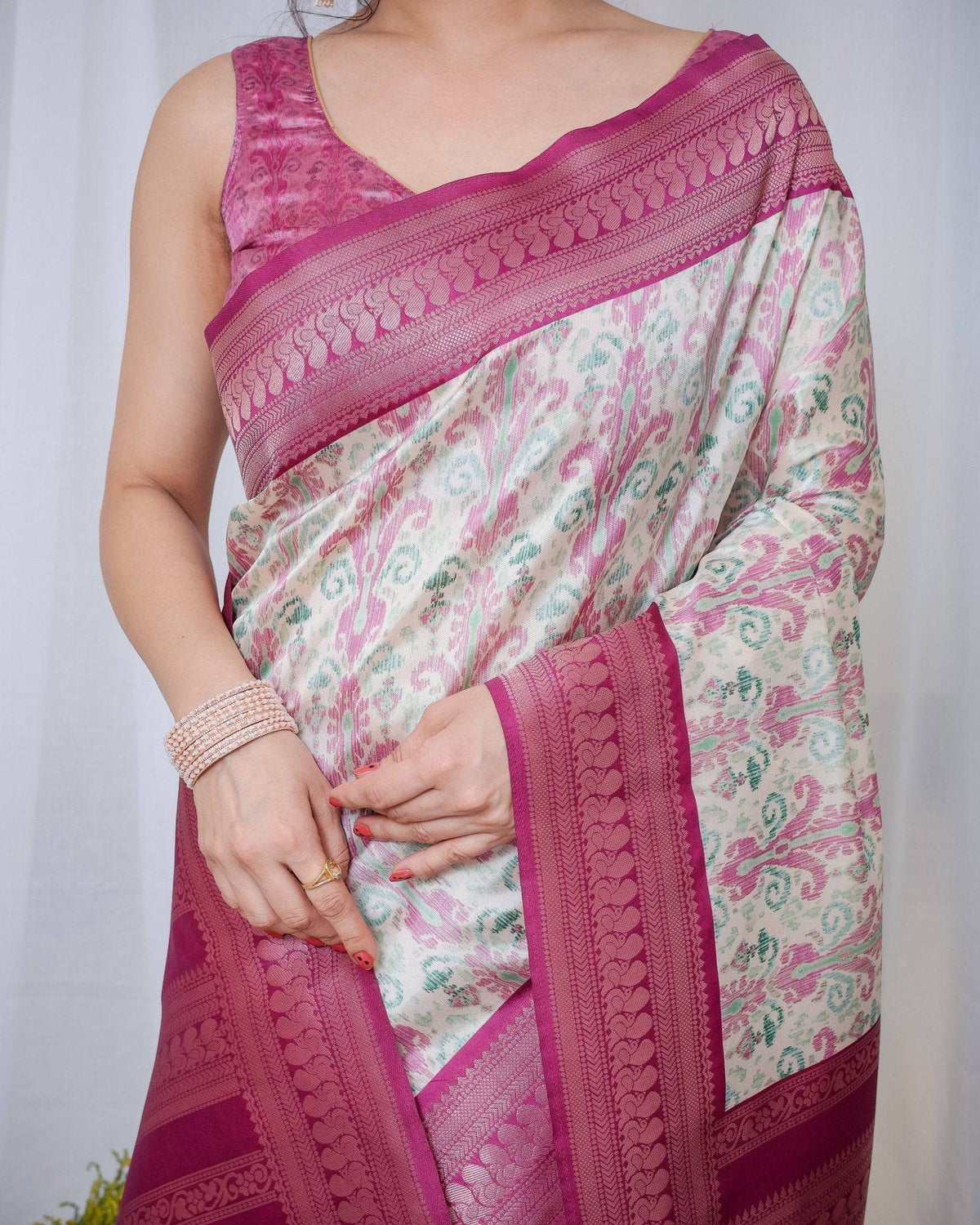 Ivory Banarasi Silk Saree with Pink Ikat Digital Print, Zari Border &