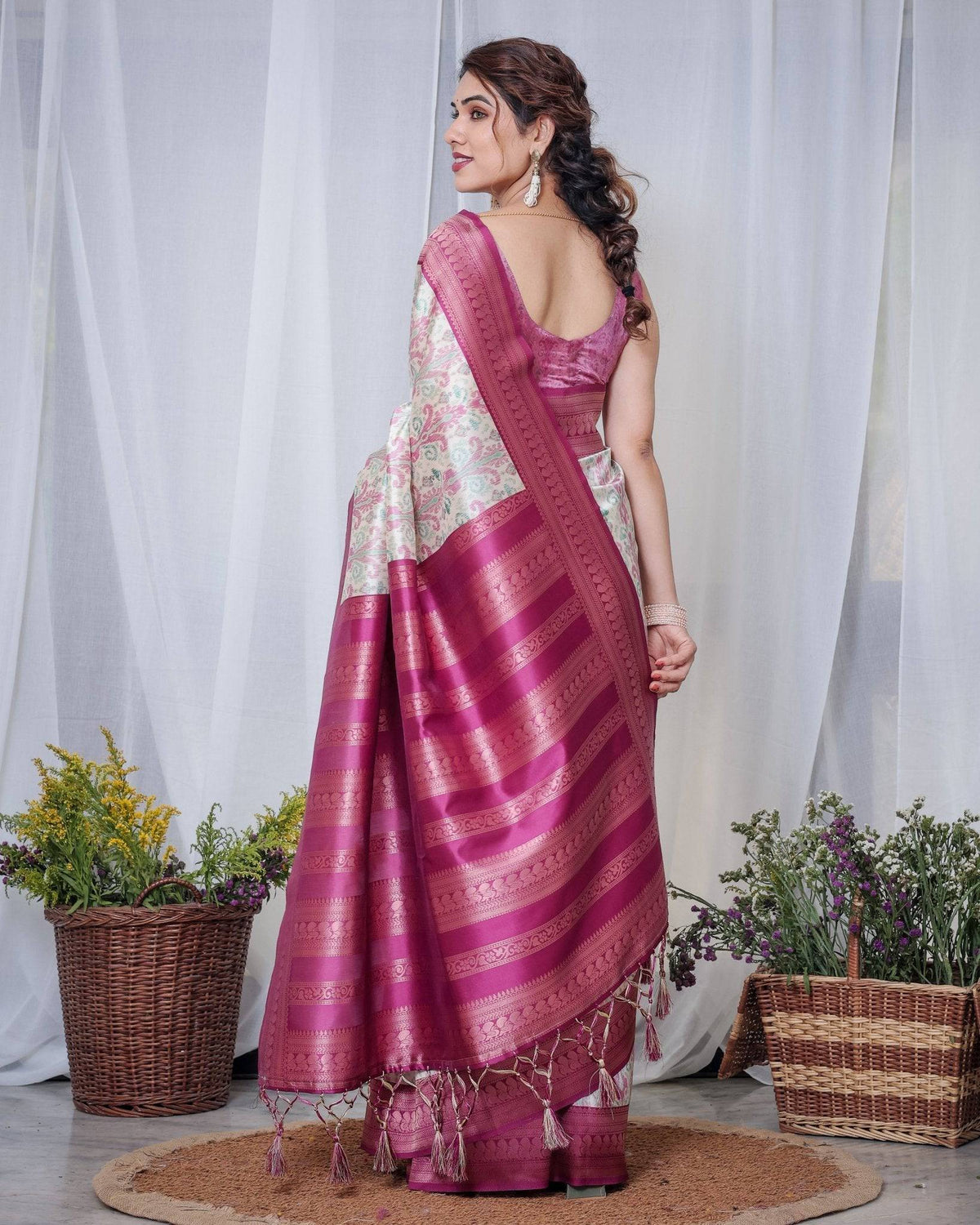Ivory Banarasi Silk Saree with Pink Ikat Digital Print, Zari Border &