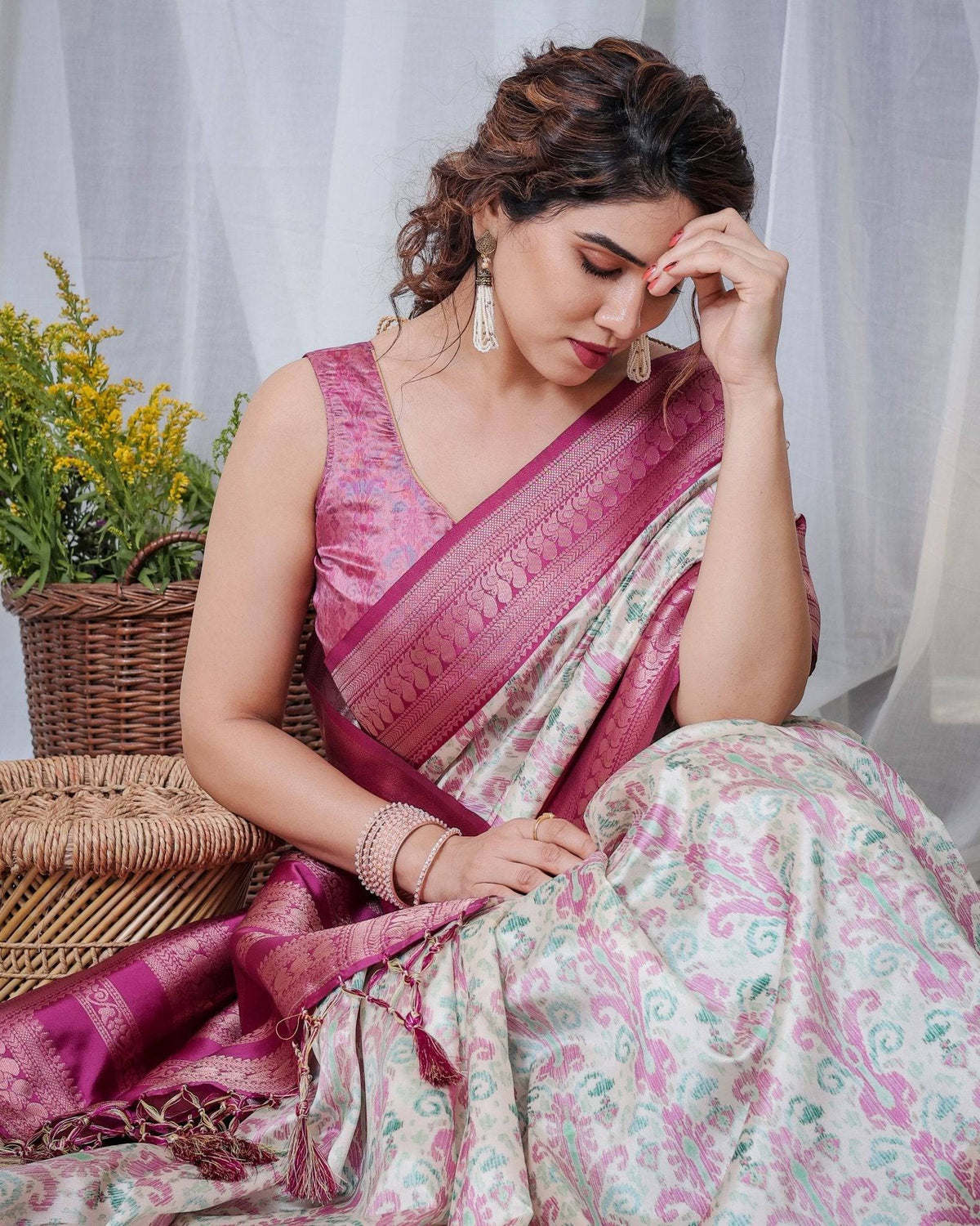 Ivory Banarasi Silk Saree with Pink Ikat Digital Print, Zari Border &