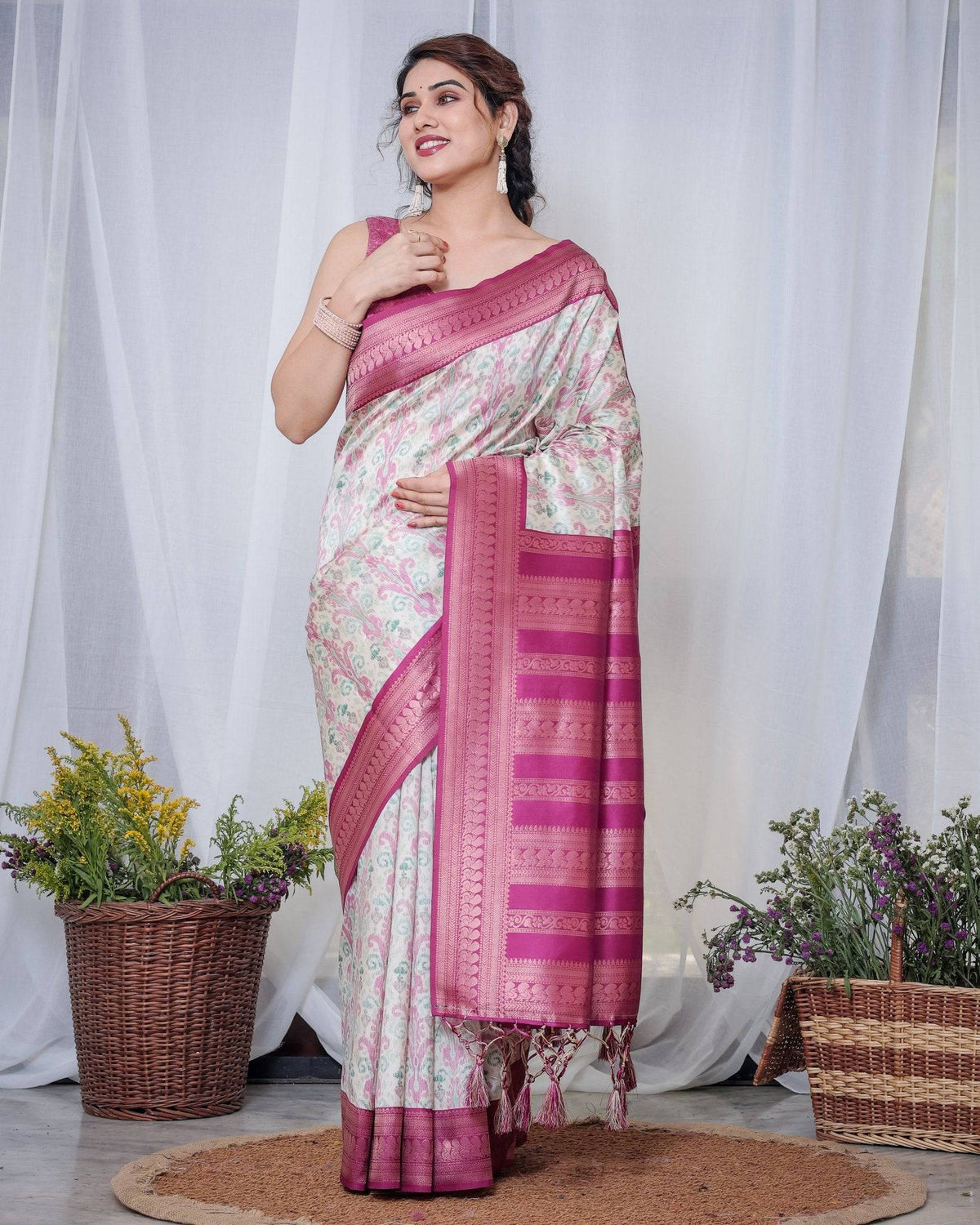 Ivory Banarasi Silk Saree with Pink Ikat Digital Print, Zari Border &