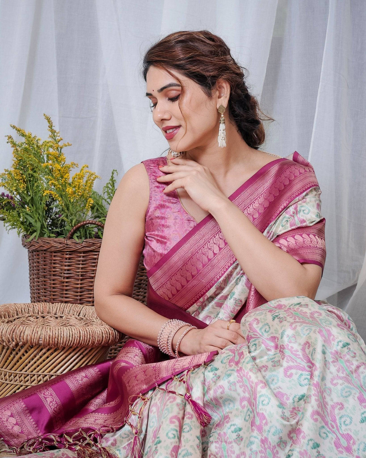 Ivory Banarasi Silk Saree with Pink Ikat Digital Print, Zari Border &