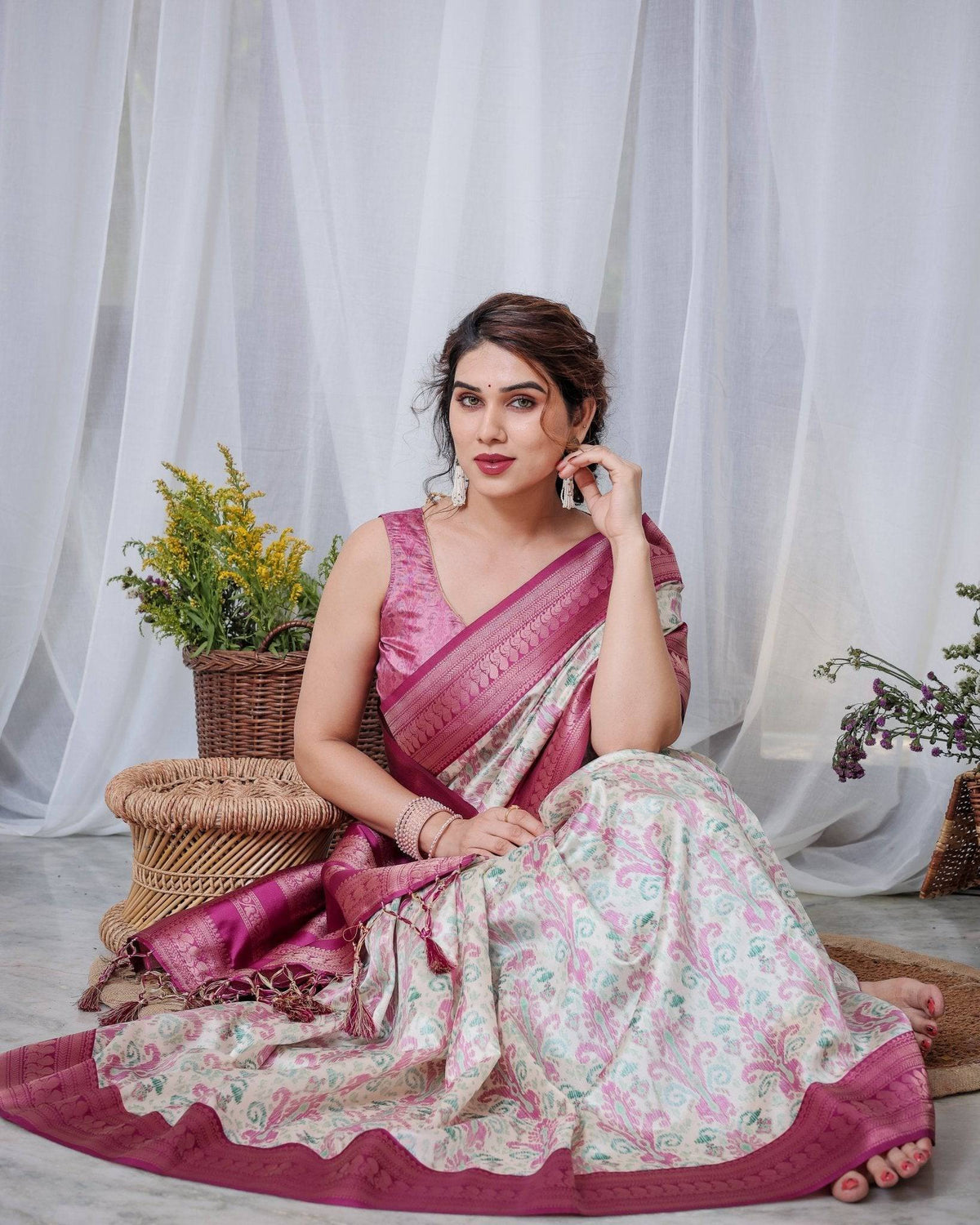 Ivory Banarasi Silk Saree with Pink Ikat Digital Print, Zari Border &