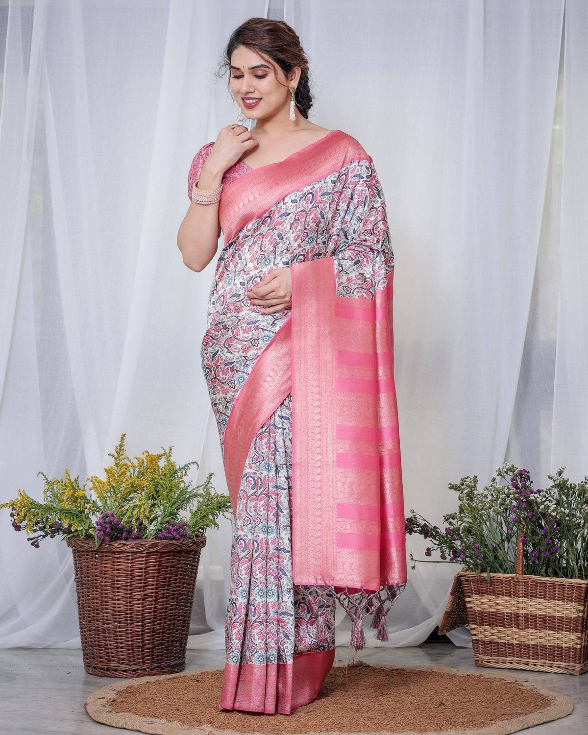 Ivory Banarasi Silk Saree with Vibrant Paisley Digital Print, Pink