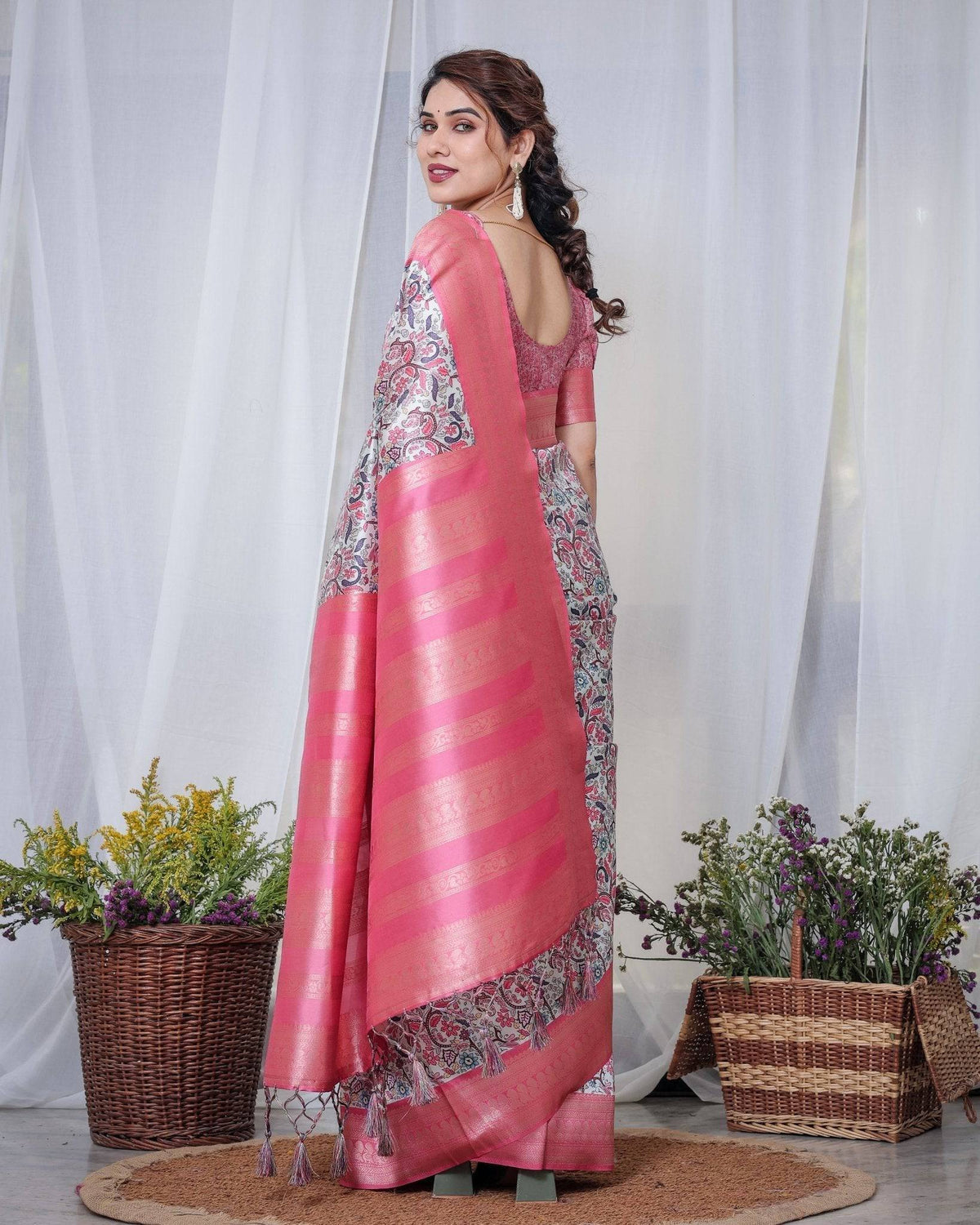 Ivory Banarasi Silk Saree with Vibrant Paisley Digital Print, Pink