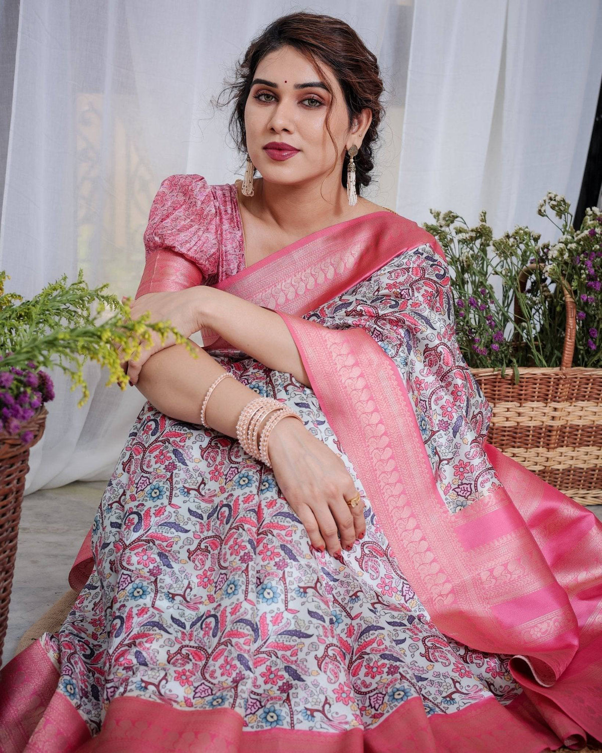 Ivory Banarasi Silk Saree with Vibrant Paisley Digital Print, Pink