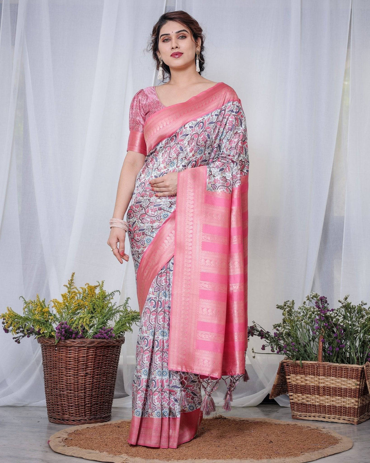 Ivory Banarasi Silk Saree with Vibrant Paisley Digital Print, Pink