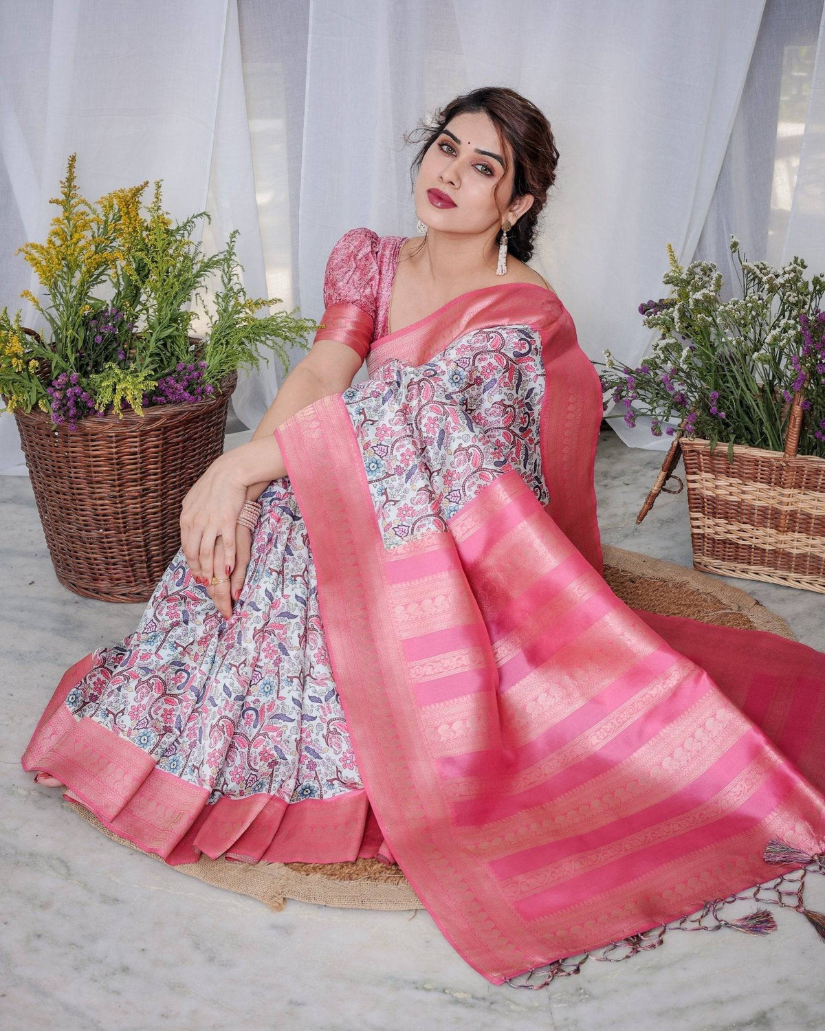 Ivory Banarasi Silk Saree with Vibrant Paisley Digital Print, Pink
