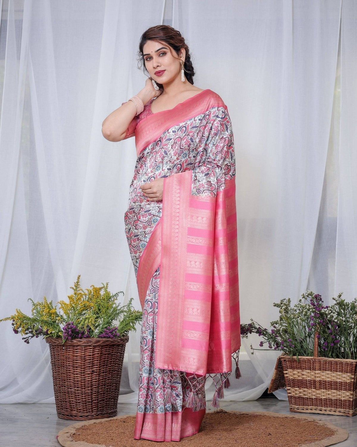 Ivory Banarasi Silk Saree with Vibrant Paisley Digital Print, Pink