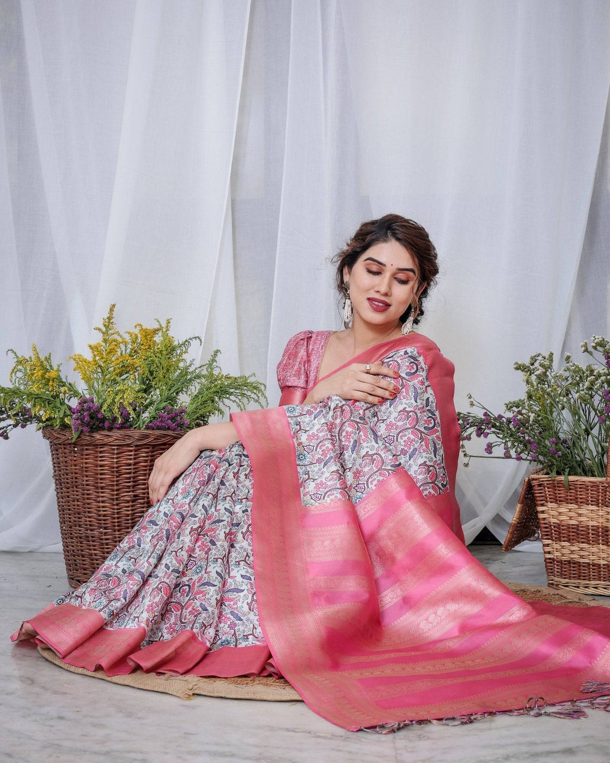 Ivory Banarasi Silk Saree with Vibrant Paisley Digital Print, Pink