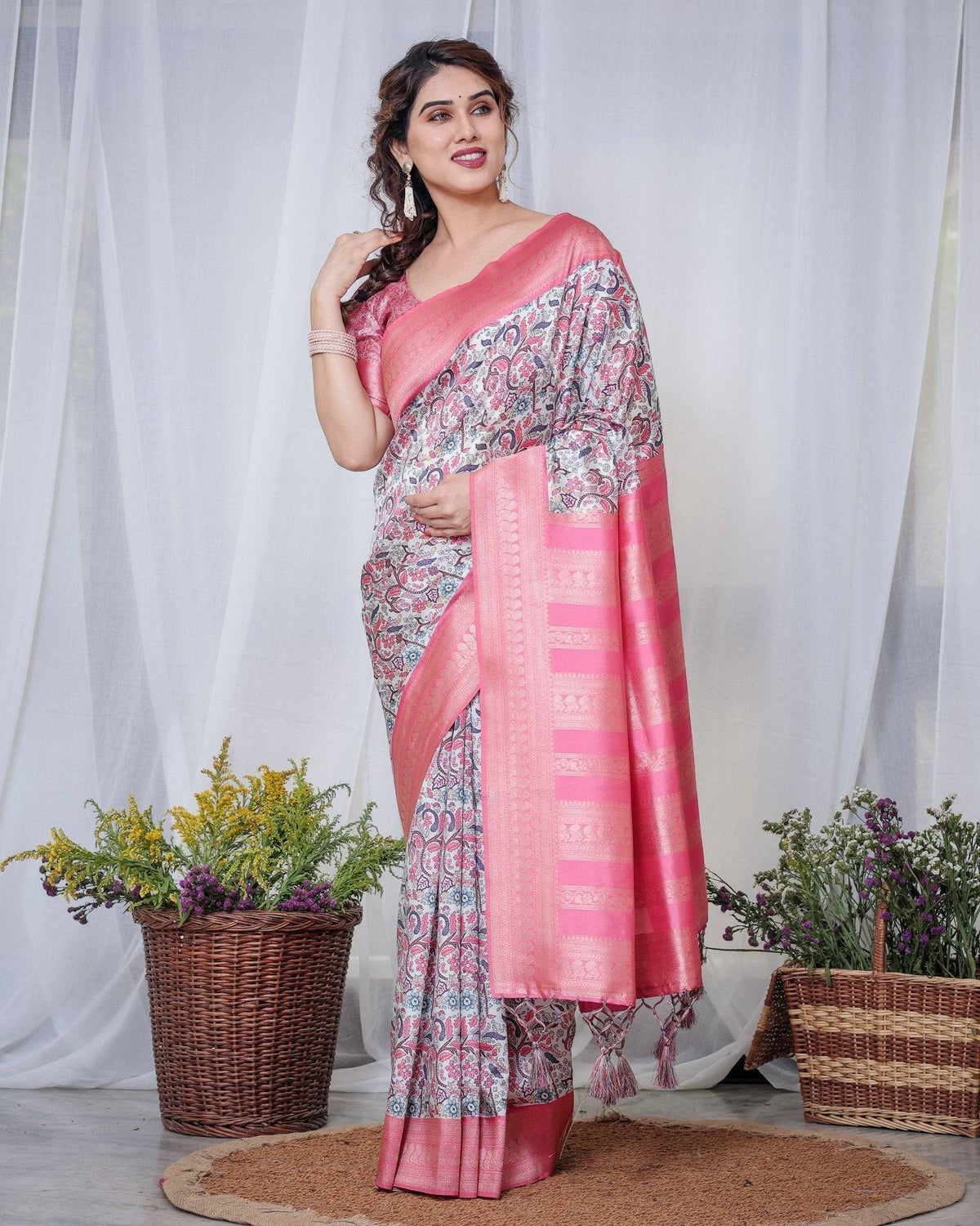 Ivory Banarasi Silk Saree with Vibrant Paisley Digital Print, Pink