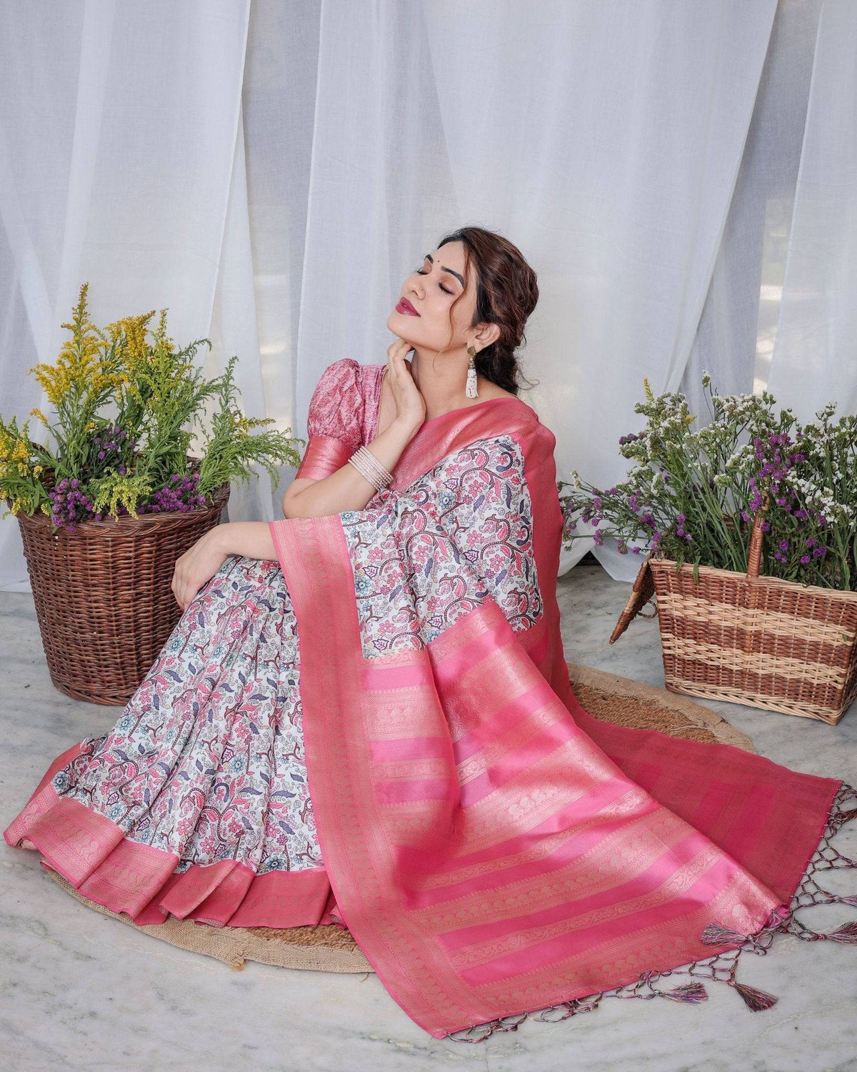 Ivory Banarasi Silk Saree with Vibrant Paisley Digital Print, Pink
