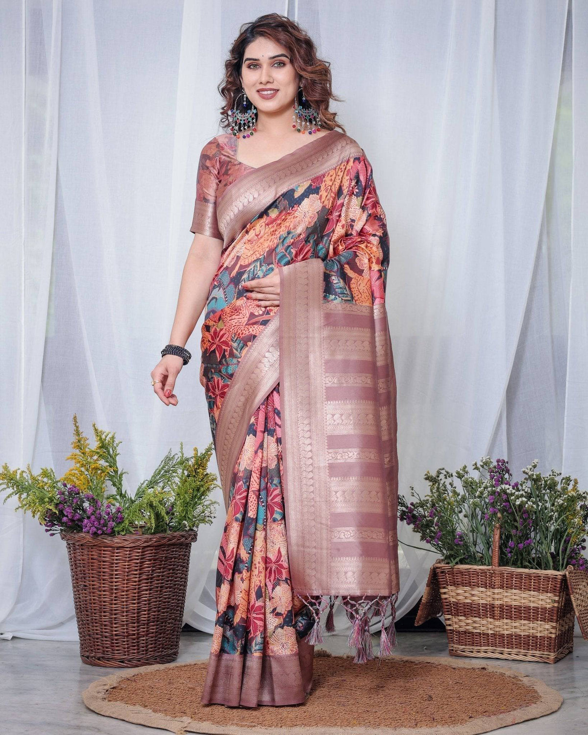 Black Banarasi Silk Saree with Exotic Leopard & Floral Digital Print,