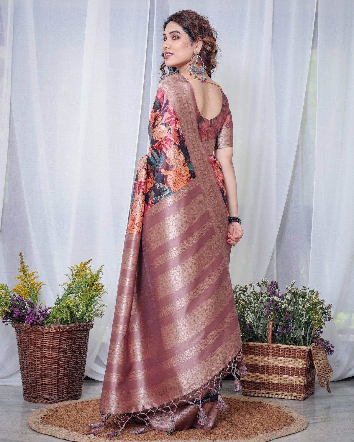 Black Banarasi Silk Saree with Exotic Leopard & Floral Digital Print,
