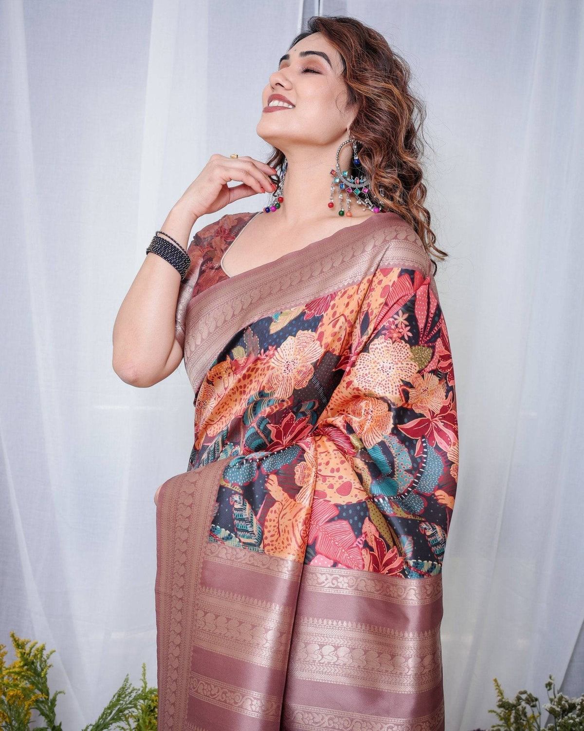 Black Banarasi Silk Saree with Exotic Leopard & Floral Digital Print,
