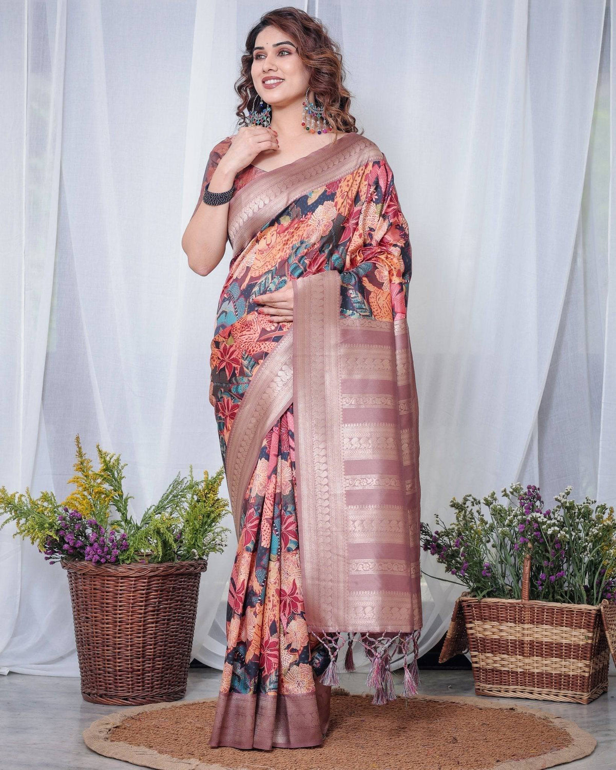 Black Banarasi Silk Saree with Exotic Leopard & Floral Digital Print,
