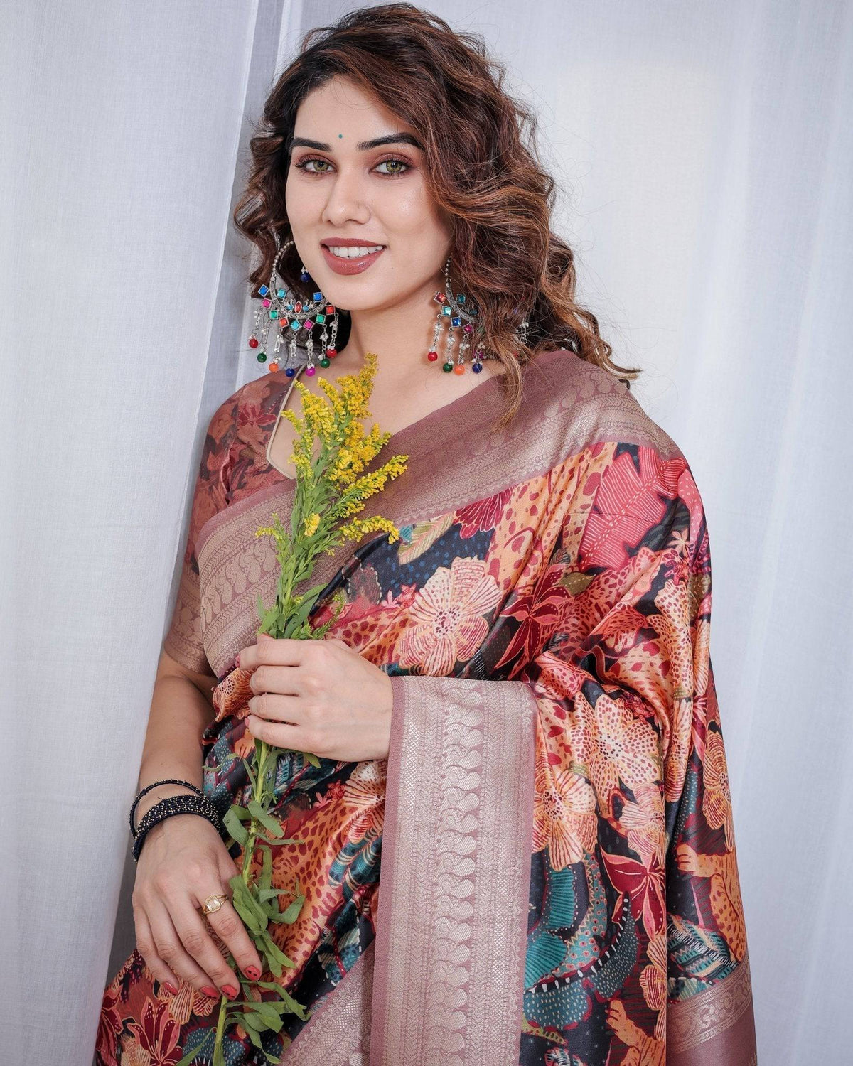 Black Banarasi Silk Saree with Exotic Leopard & Floral Digital Print,