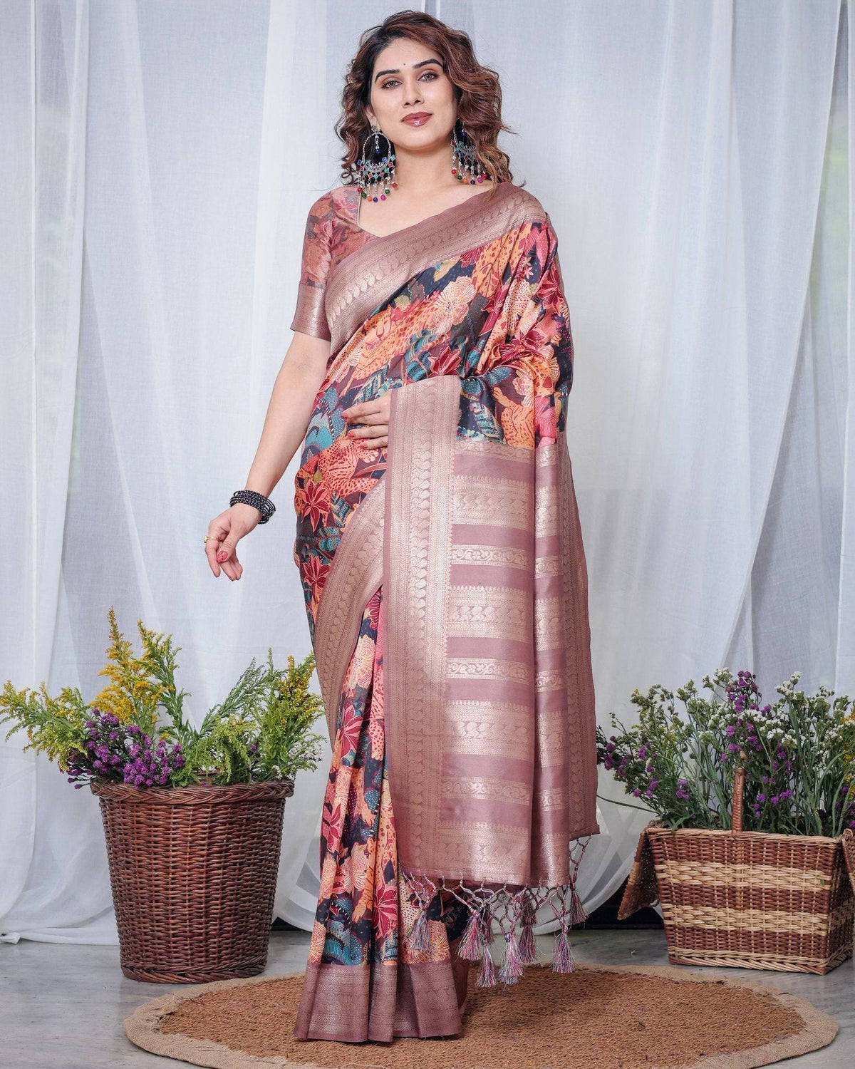 Black Banarasi Silk Saree with Exotic Leopard & Floral Digital Print,