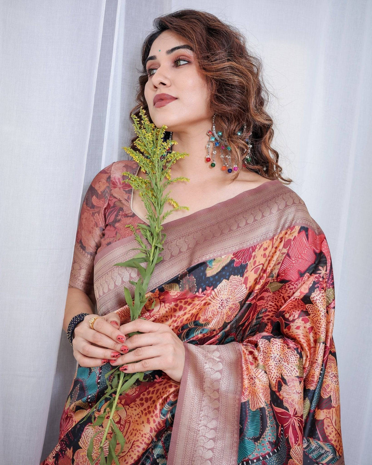 Black Banarasi Silk Saree with Exotic Leopard & Floral Digital Print,