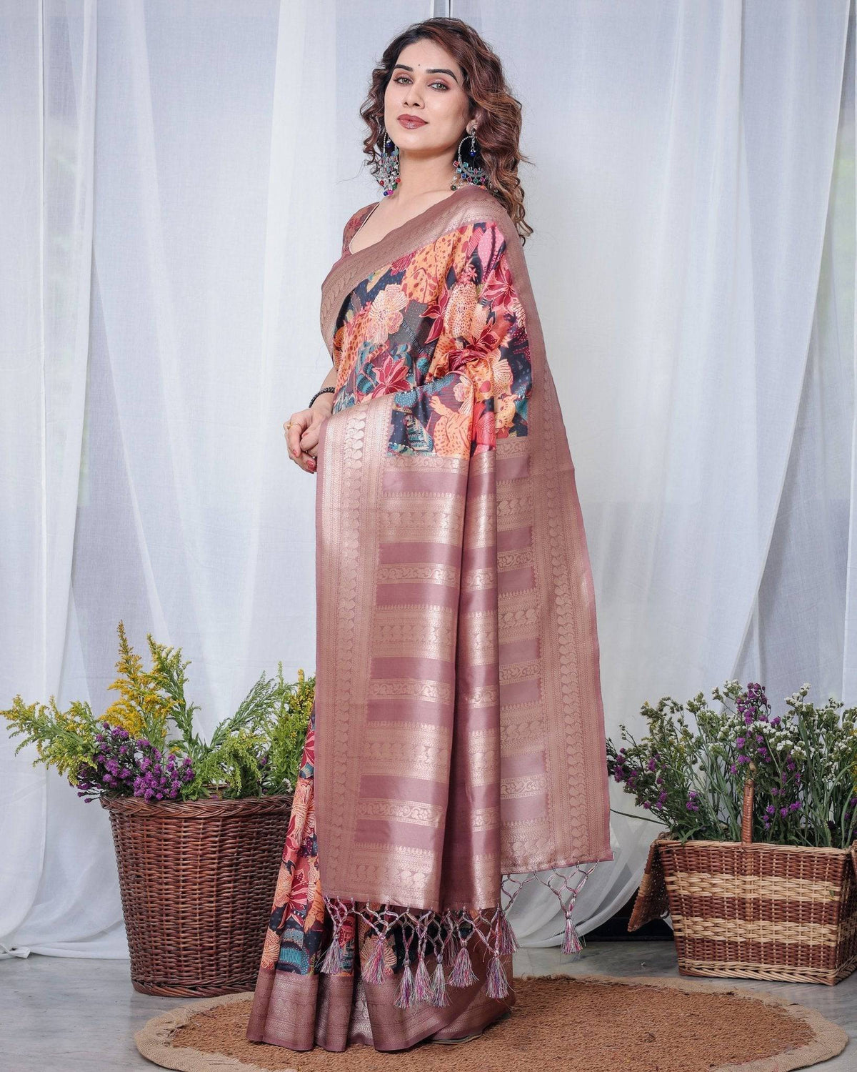 Black Banarasi Silk Saree with Exotic Leopard & Floral Digital Print,