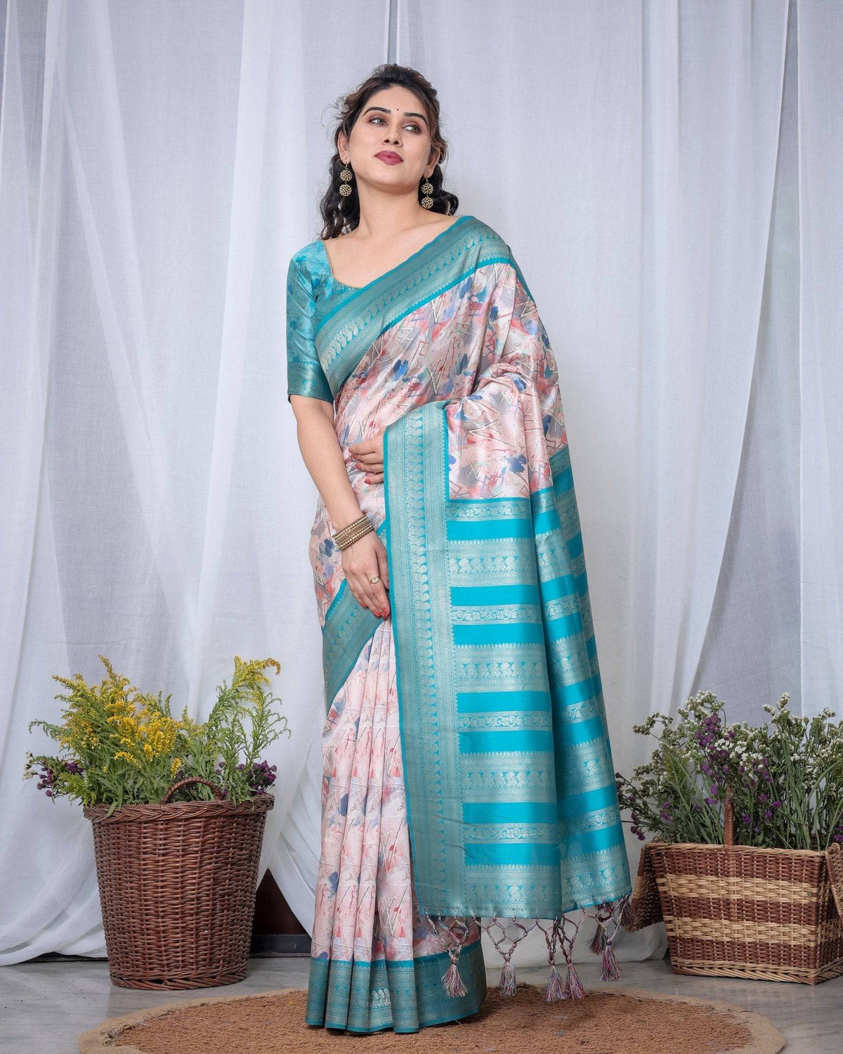 Ivory Banarasi Silk Saree with Pink Ikat Digital Print, Zari Border &