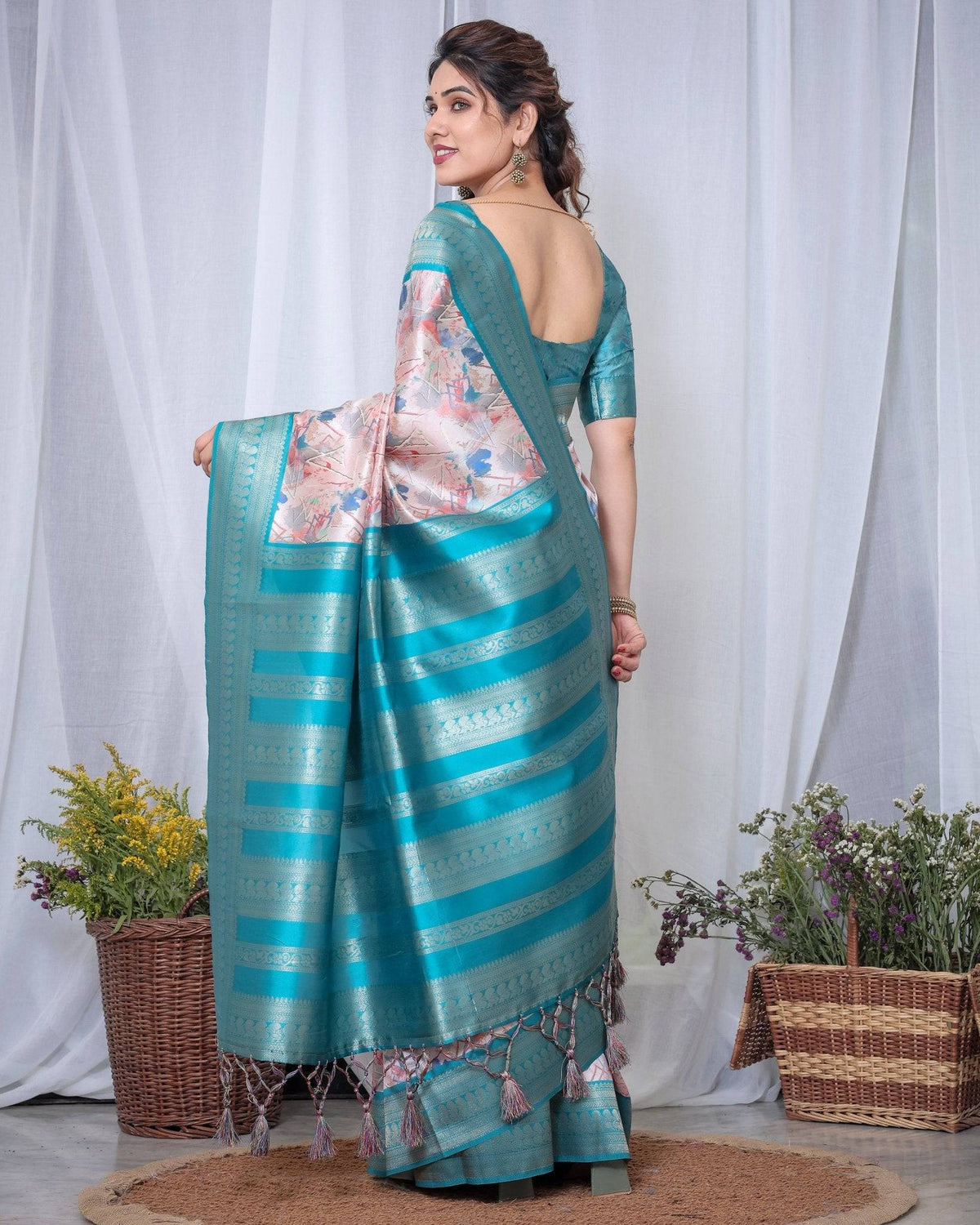 Ivory Banarasi Silk Saree with Pink Ikat Digital Print, Zari Border &
