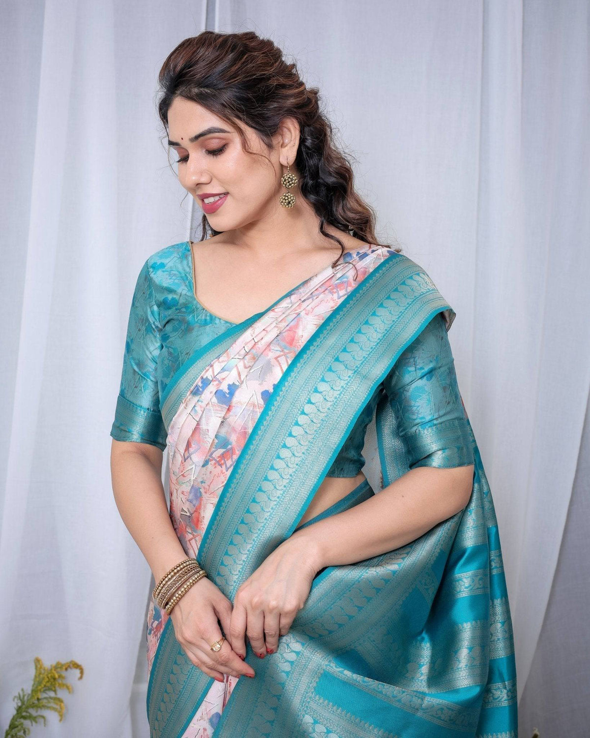 Ivory Banarasi Silk Saree with Pink Ikat Digital Print, Zari Border &