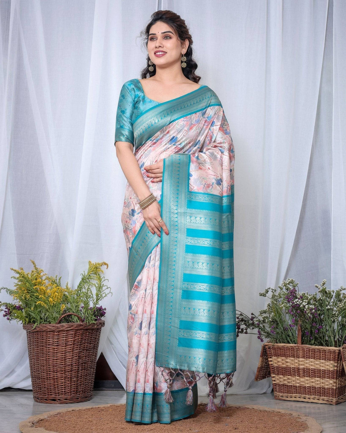 Ivory Banarasi Silk Saree with Pink Ikat Digital Print, Zari Border &