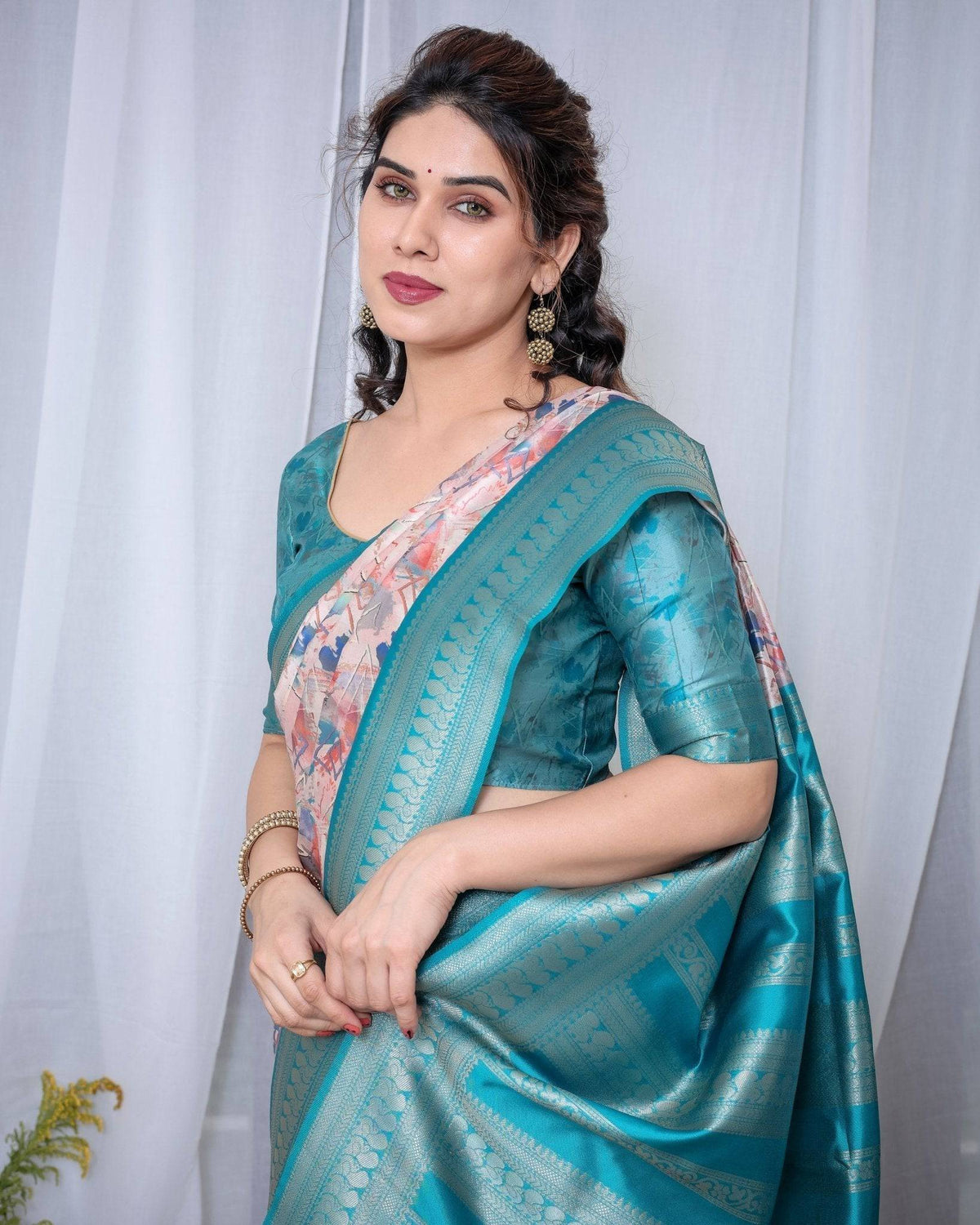 Ivory Banarasi Silk Saree with Pink Ikat Digital Print, Zari Border &