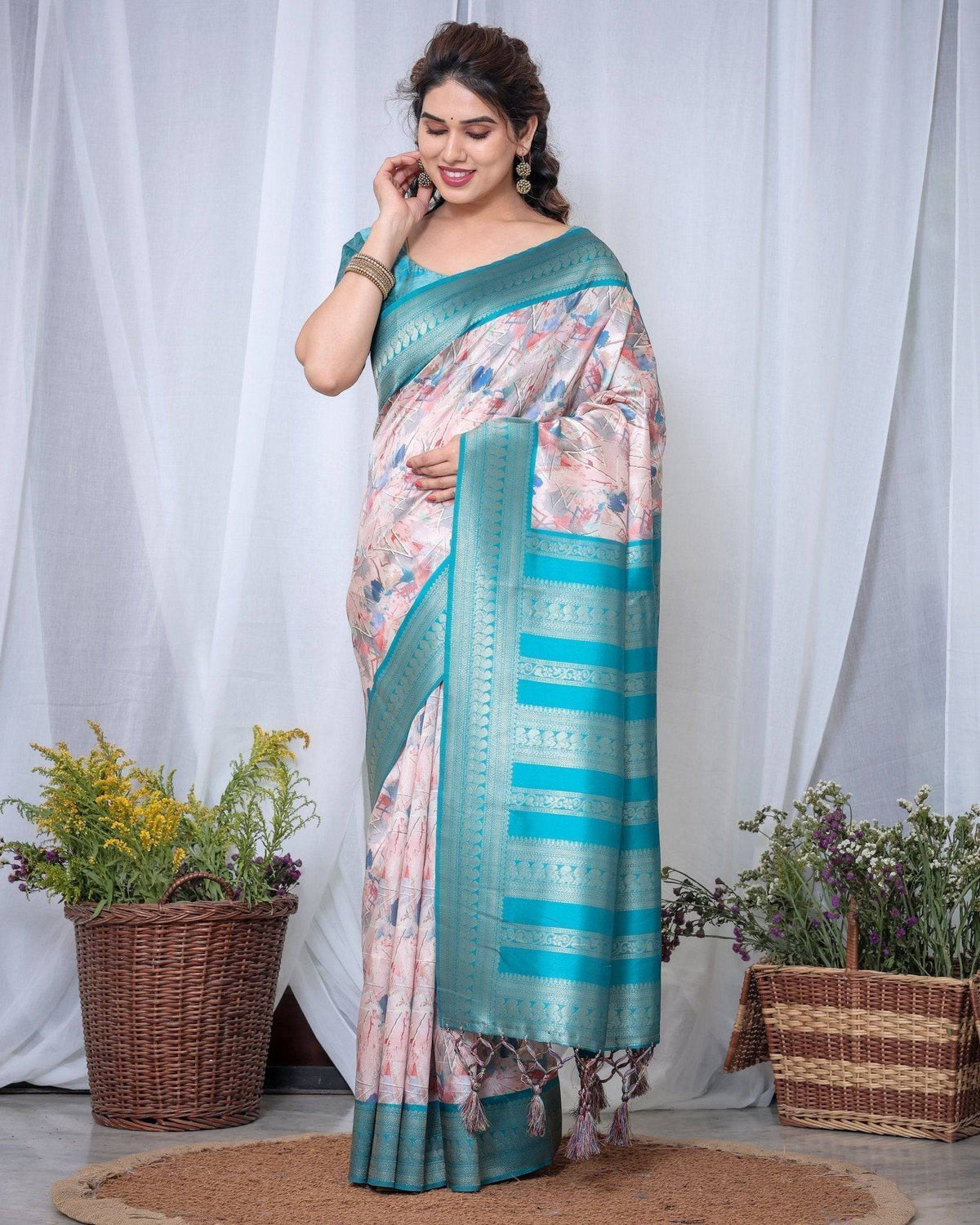 Ivory Banarasi Silk Saree with Pink Ikat Digital Print, Zari Border &