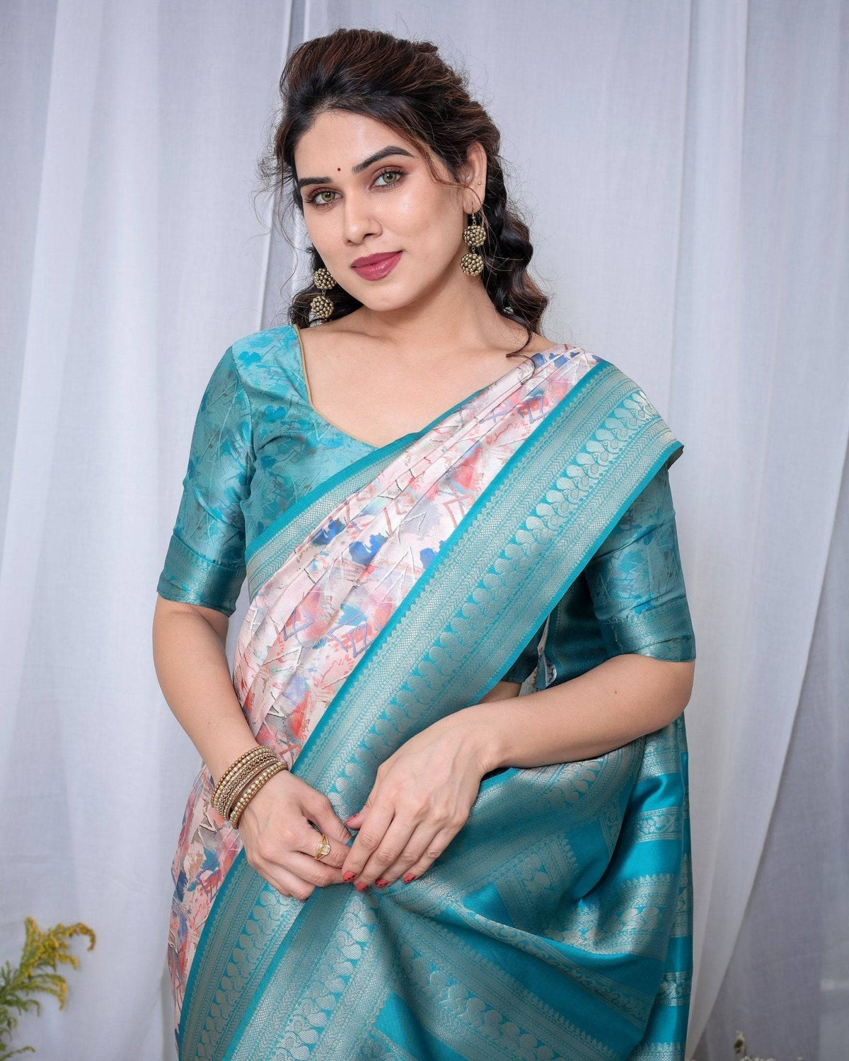 Ivory Banarasi Silk Saree with Pink Ikat Digital Print, Zari Border &