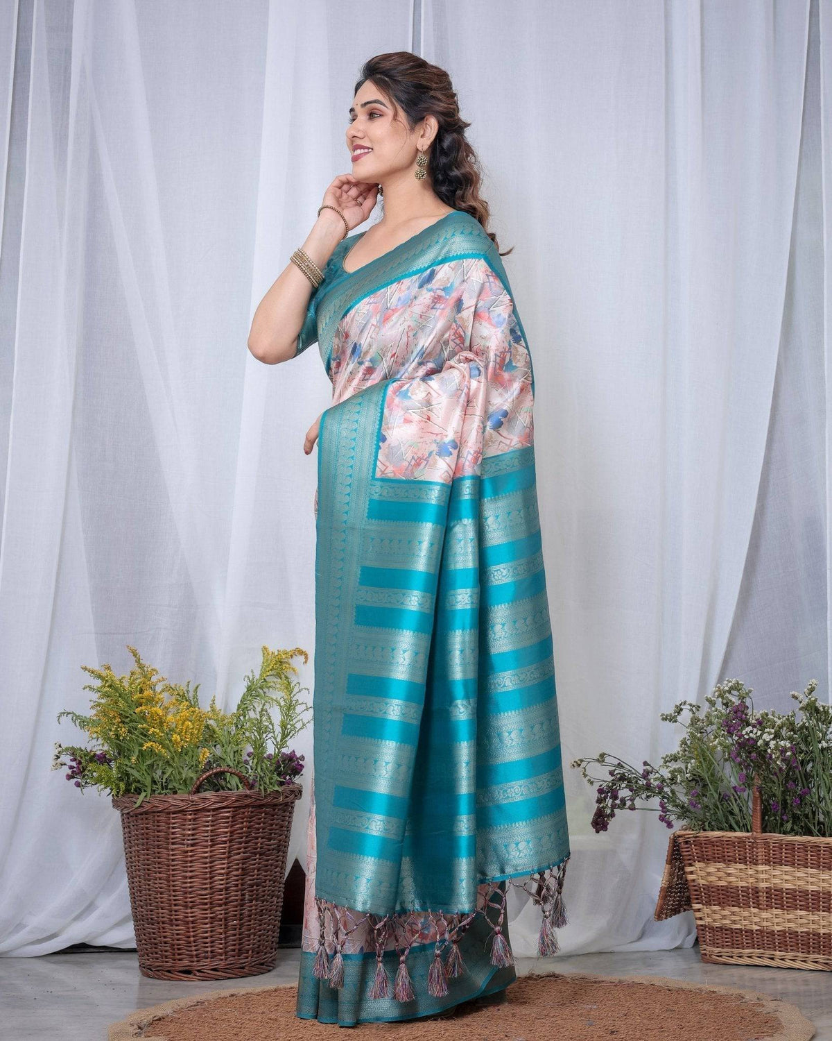 Ivory Banarasi Silk Saree with Pink Ikat Digital Print, Zari Border &