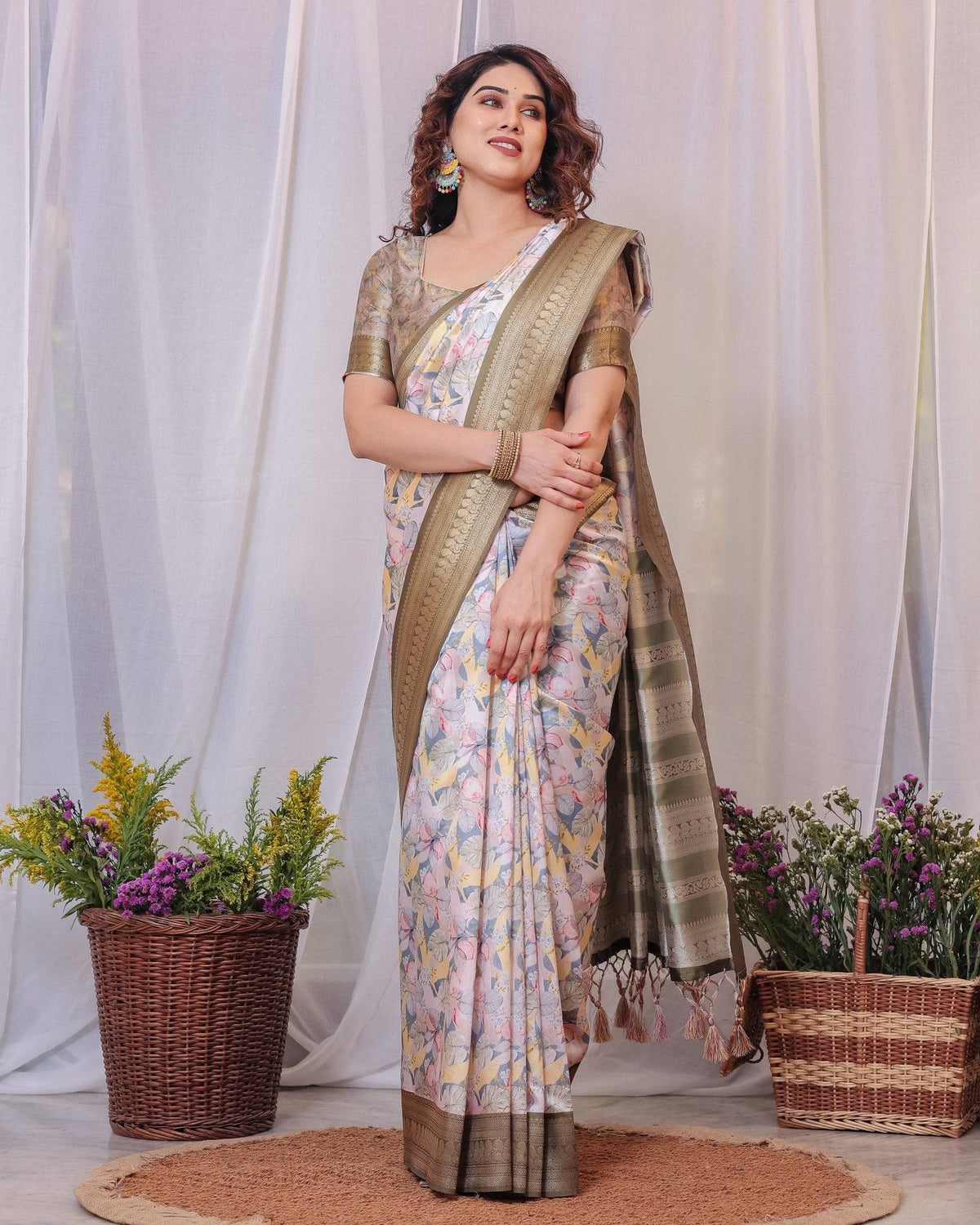 Sophisticated White and Olive Floral Digital Print Silk Saree with