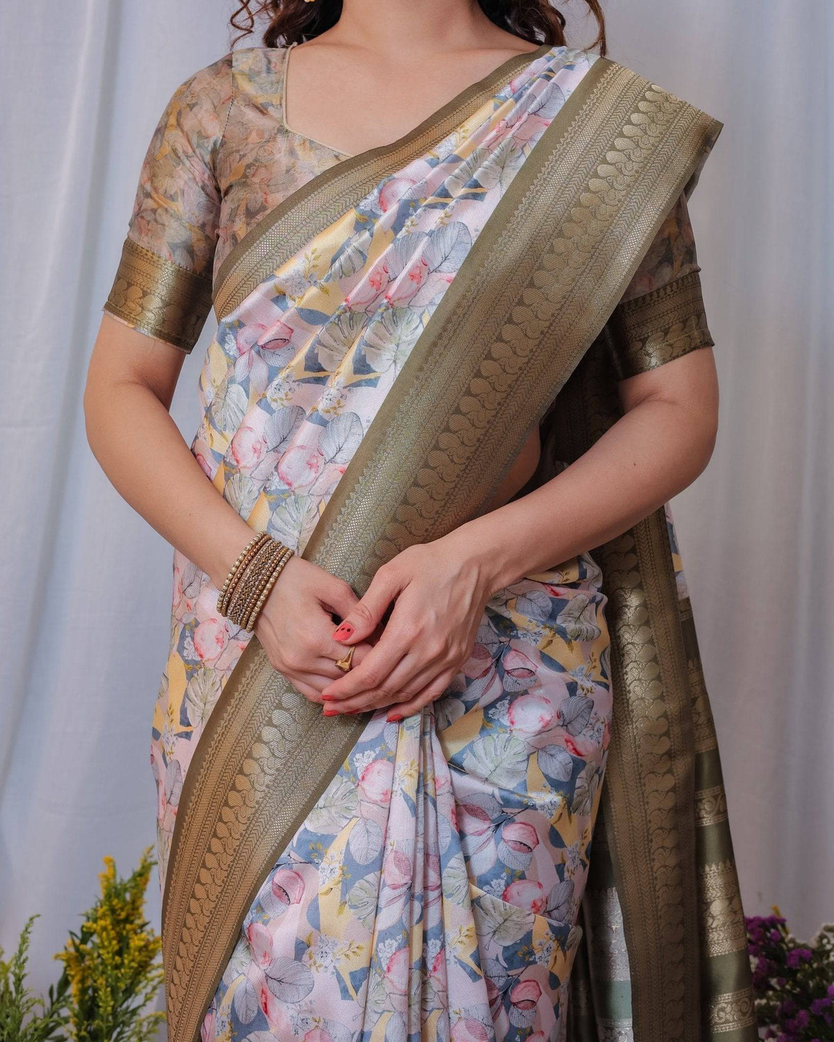 Sophisticated White and Olive Floral Digital Print Silk Saree with
