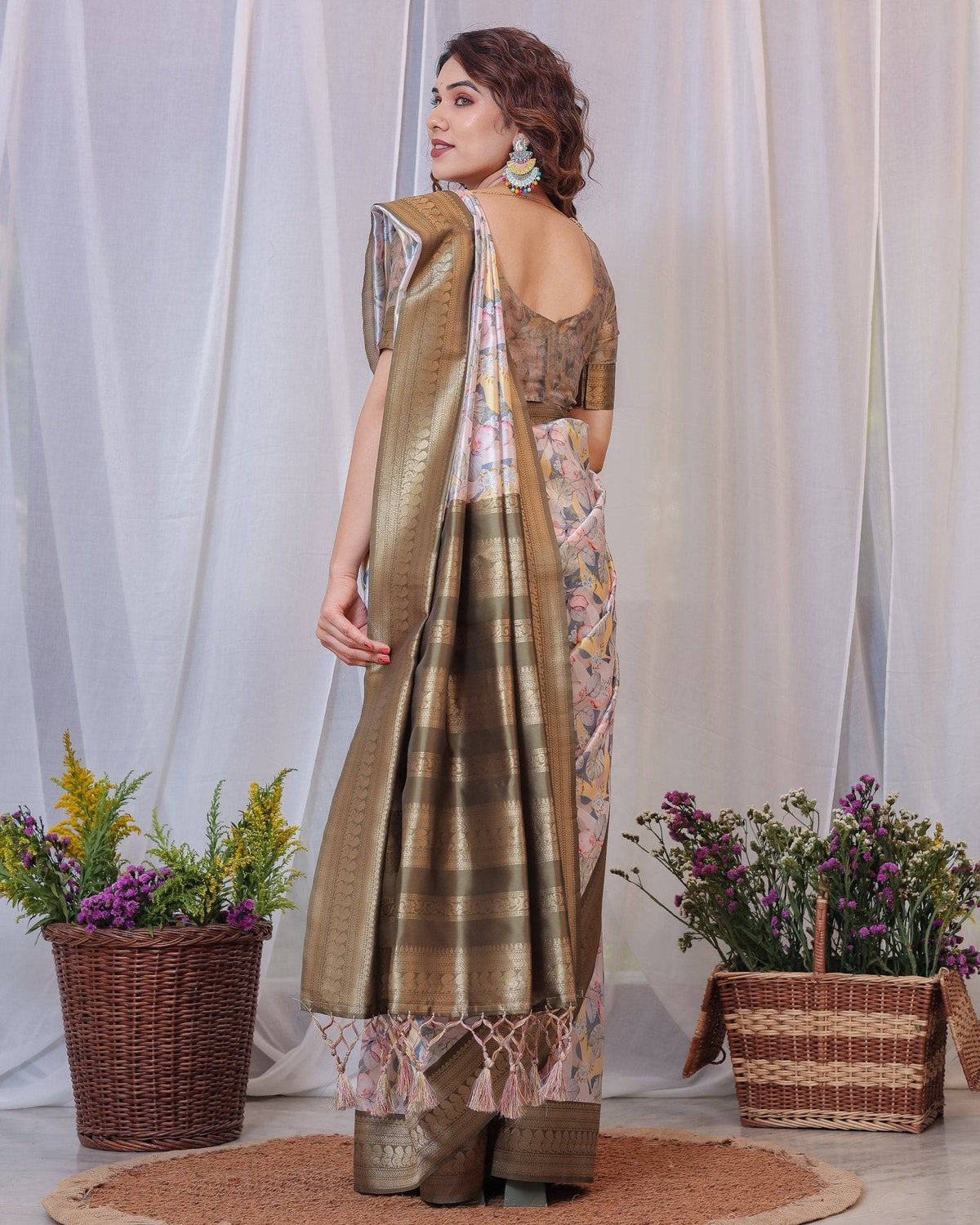 Sophisticated White and Olive Floral Digital Print Silk Saree with