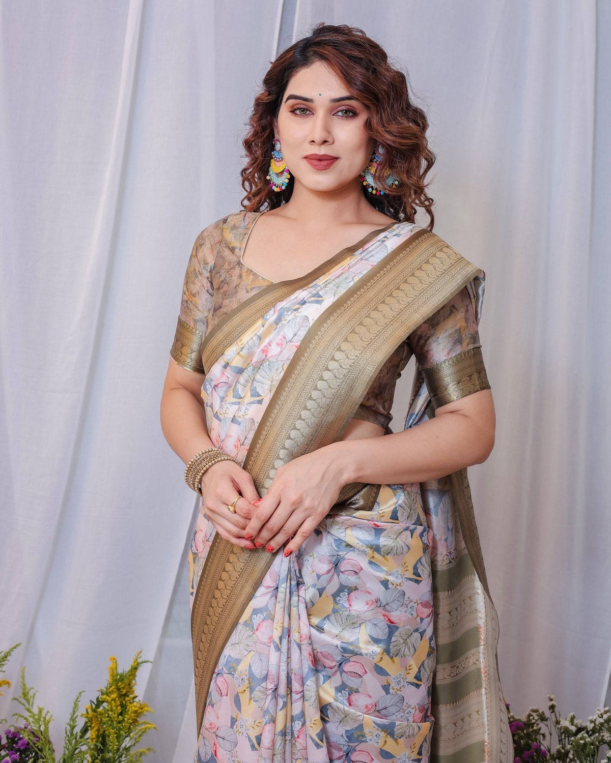 Sophisticated White and Olive Floral Digital Print Silk Saree with