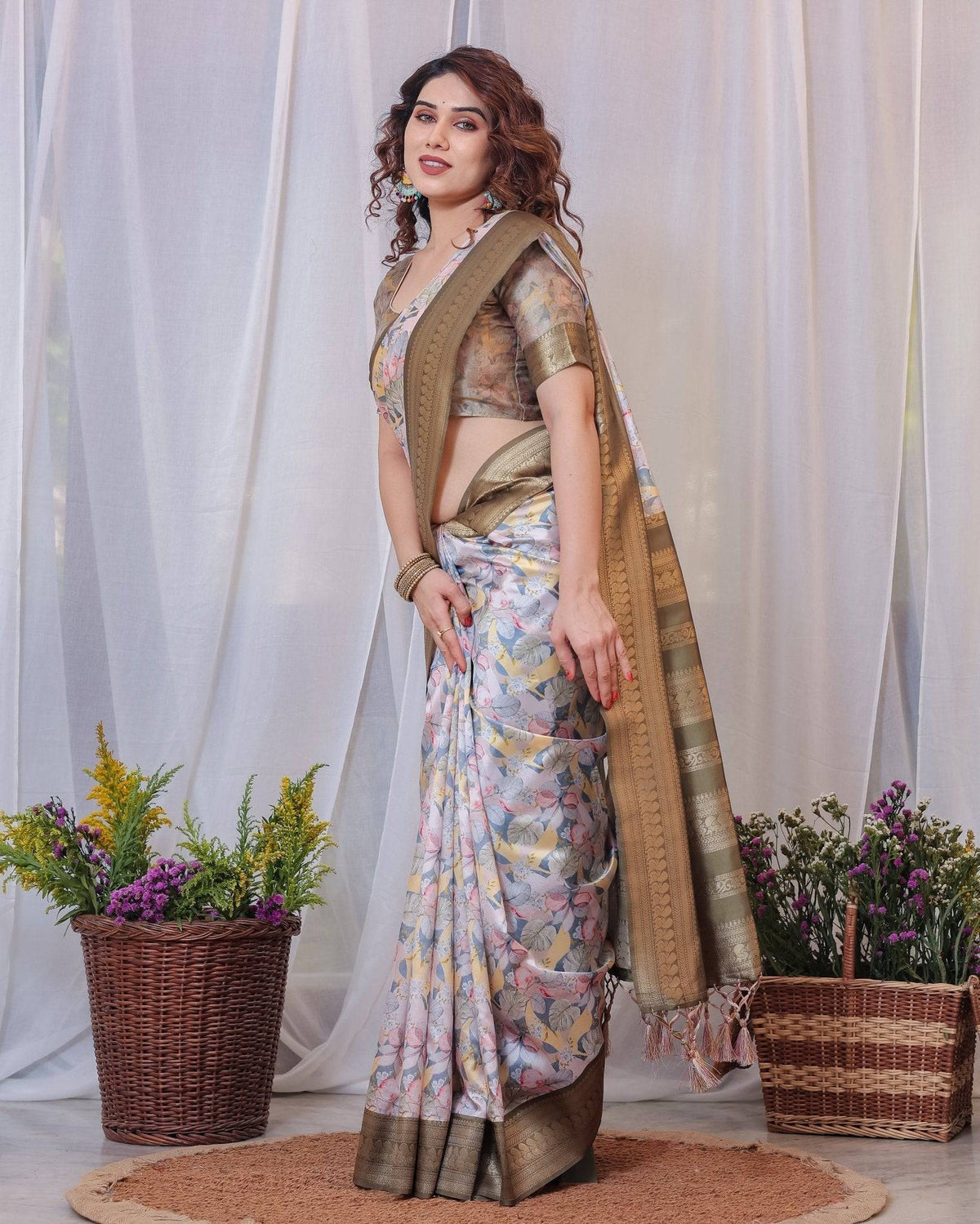 Sophisticated White and Olive Floral Digital Print Silk Saree with