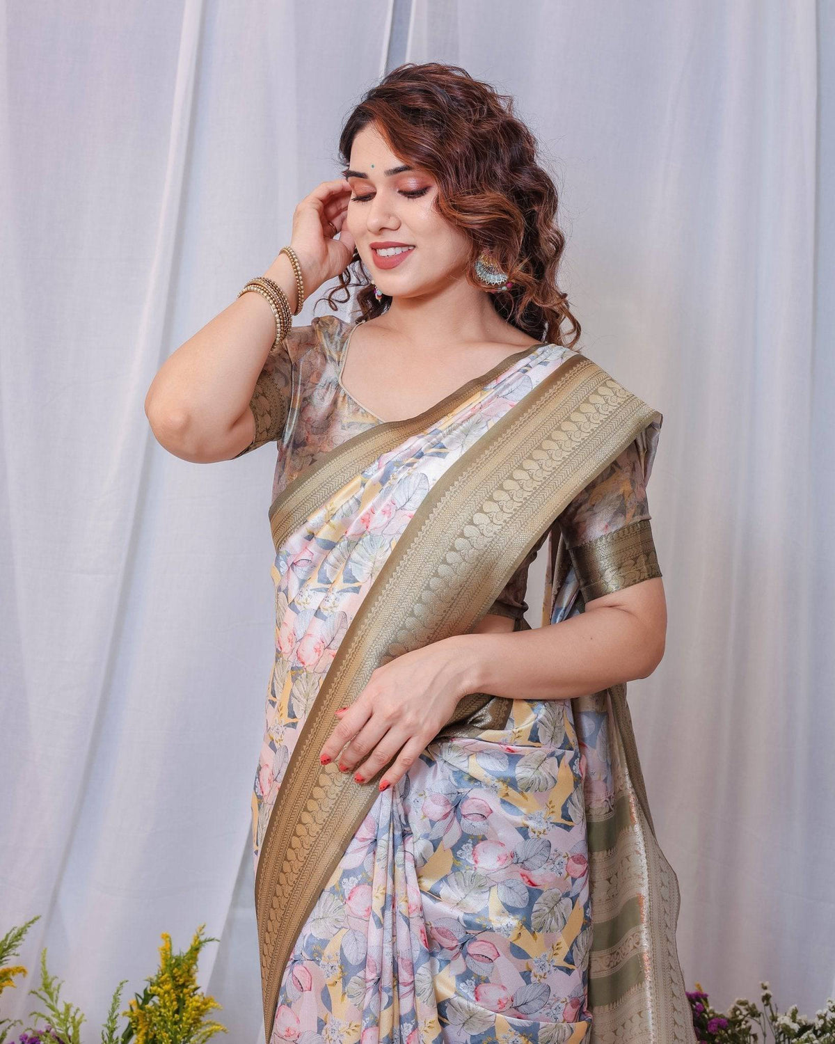 Sophisticated White and Olive Floral Digital Print Silk Saree with