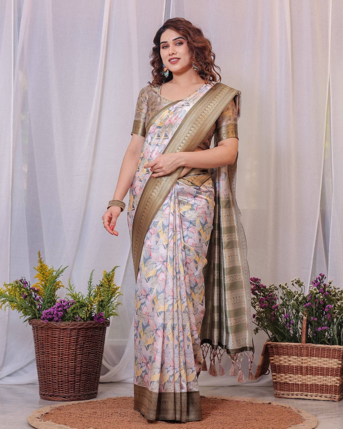 Sophisticated White and Olive Floral Digital Print Silk Saree with