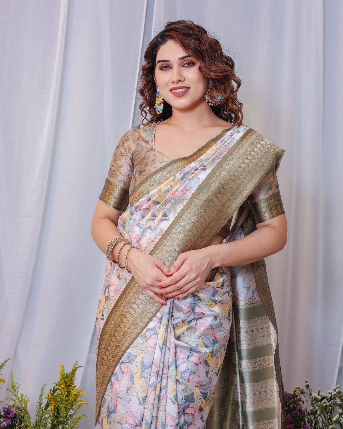 Sophisticated White and Olive Floral Digital Print Silk Saree with
