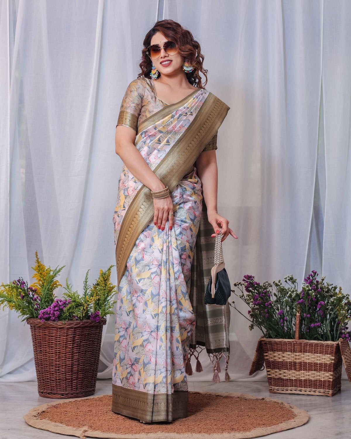 Sophisticated White and Olive Floral Digital Print Silk Saree with