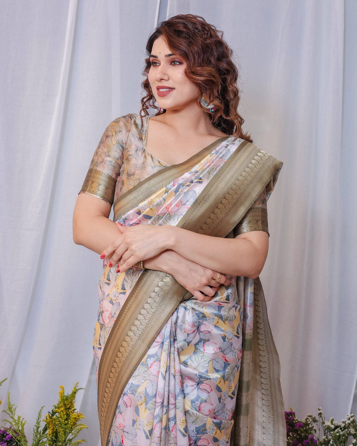 Sophisticated White and Olive Floral Digital Print Silk Saree with