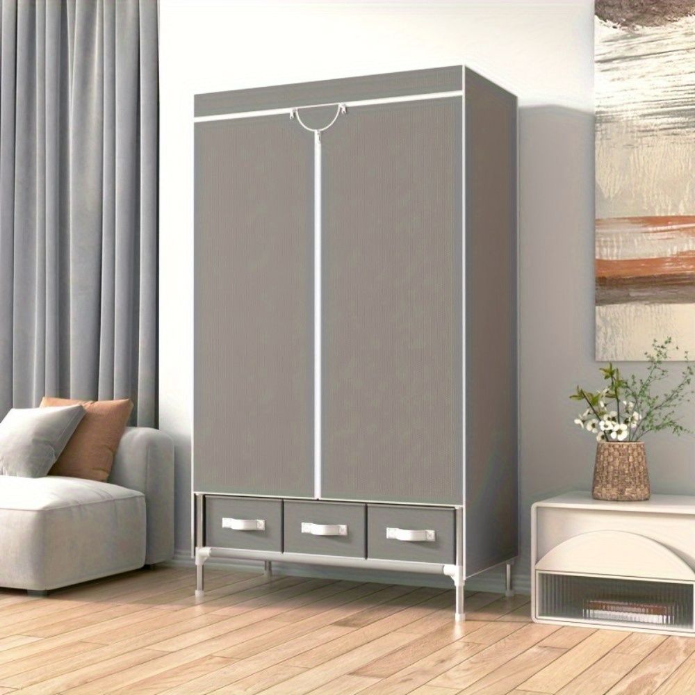 Portable Clothes Closet Rolling Door Wardrobe with Hanging Rack