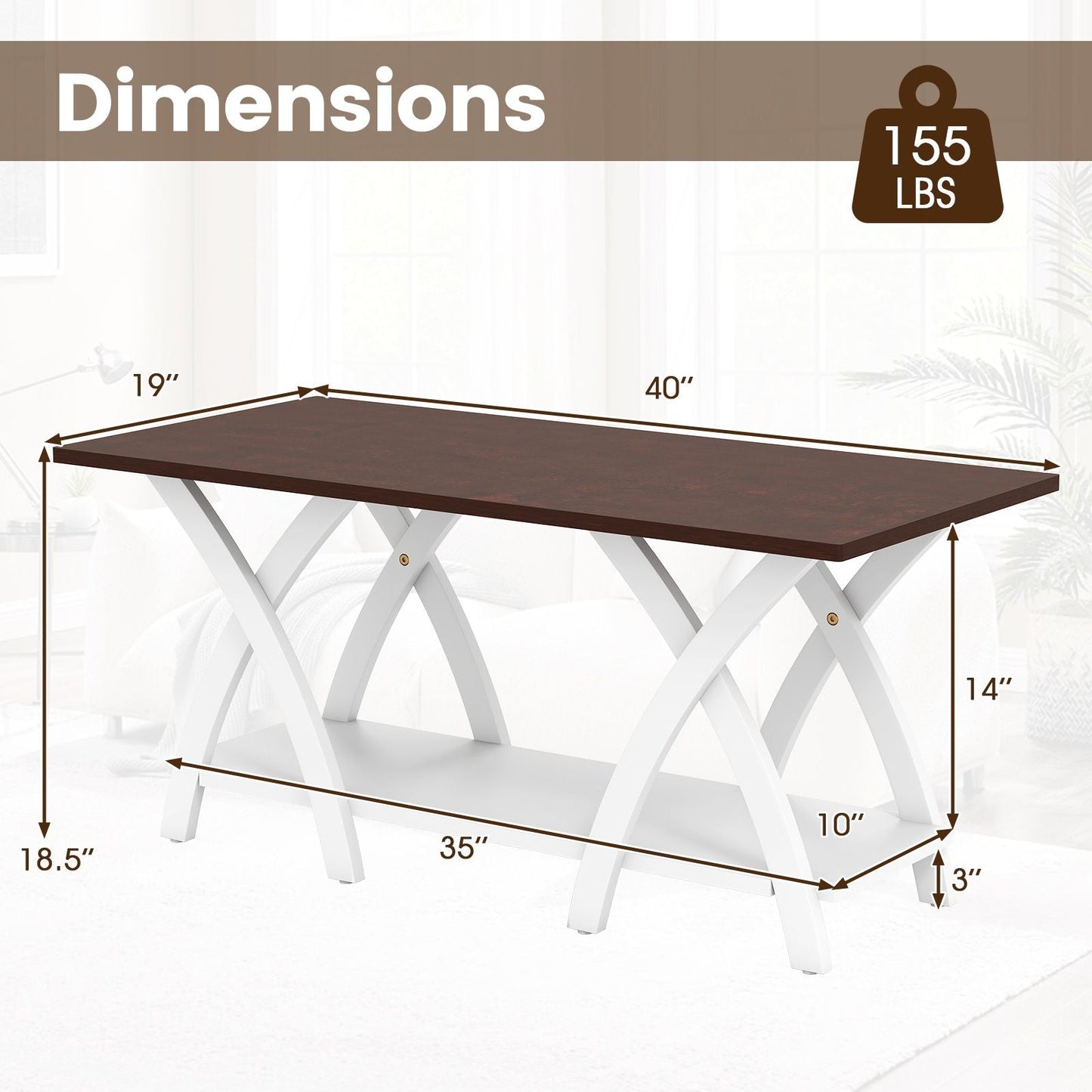 40 Inch Farmhouse Wooden 2-Tier Coffee Table with Storage Shelf for