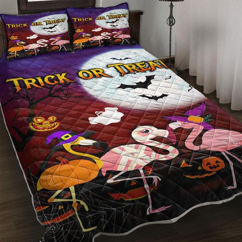 3 Pieces Halloween Quilt Set,Lightweight Pink Flamingo Bedding Set