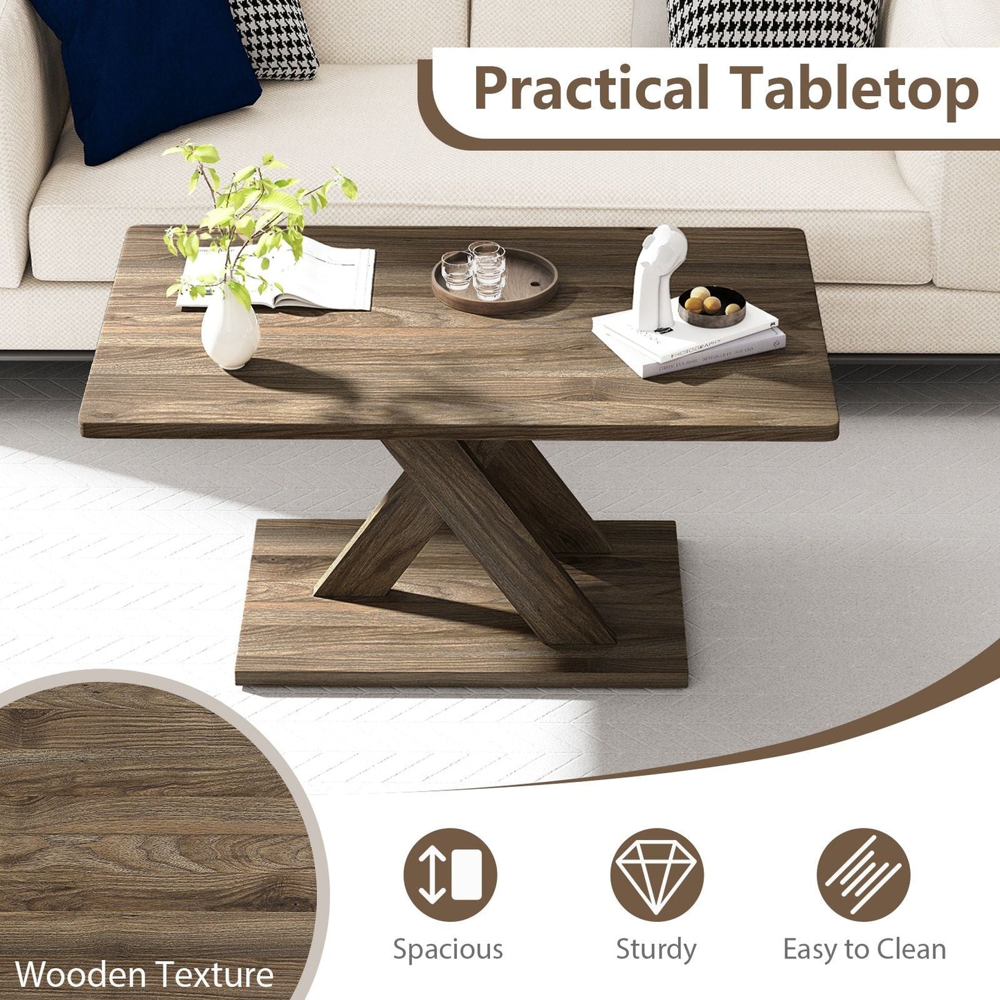 37.5 Inch Rectangular Coffee Table with Stable Base and Rubber Wood