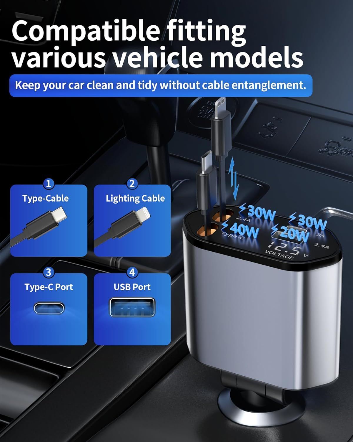 Retractable Car Charger, 4 in 1 Fast Charging Car Charger with USB-C &