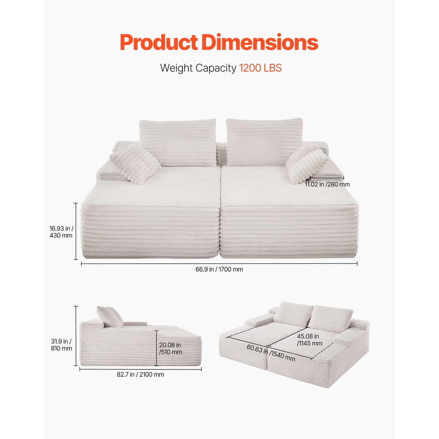 82.7-Inch Oversized Double Chaise Lounge, Corduroy Fabric Sectional