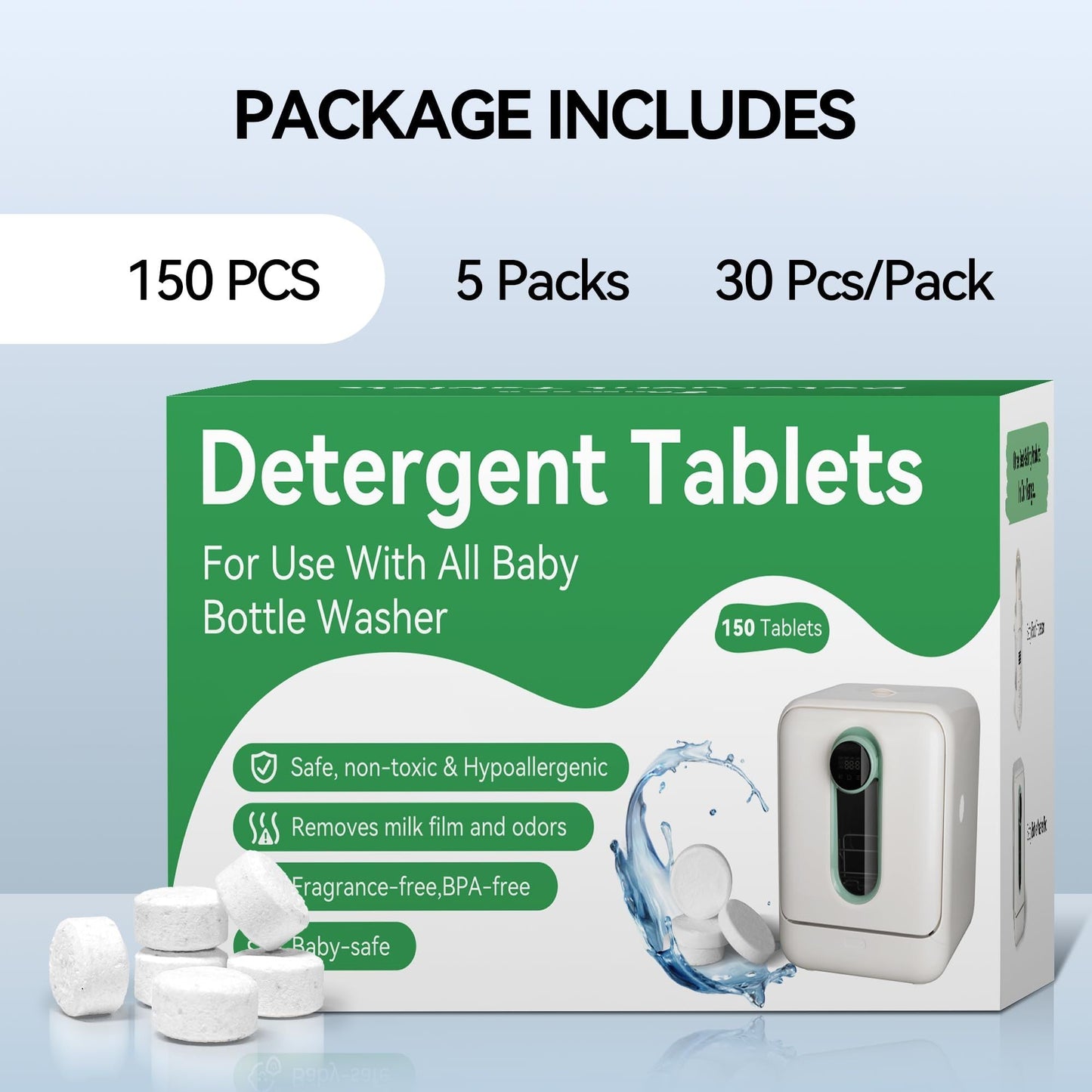 150 PCS Detergent Bottle Washing Tablets, Bottle Washer Tablets for