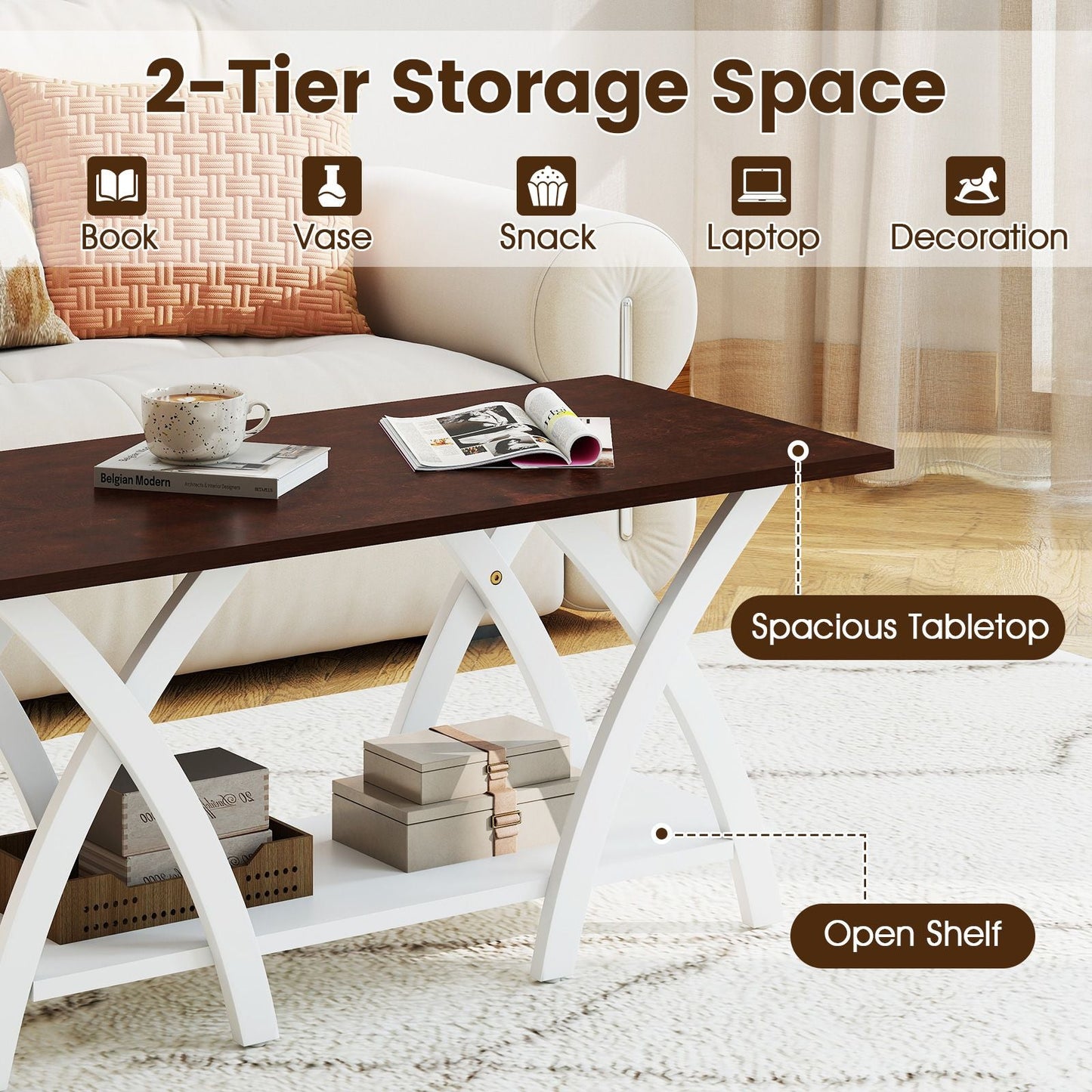 40 Inch Farmhouse Wooden 2-Tier Coffee Table with Storage Shelf for